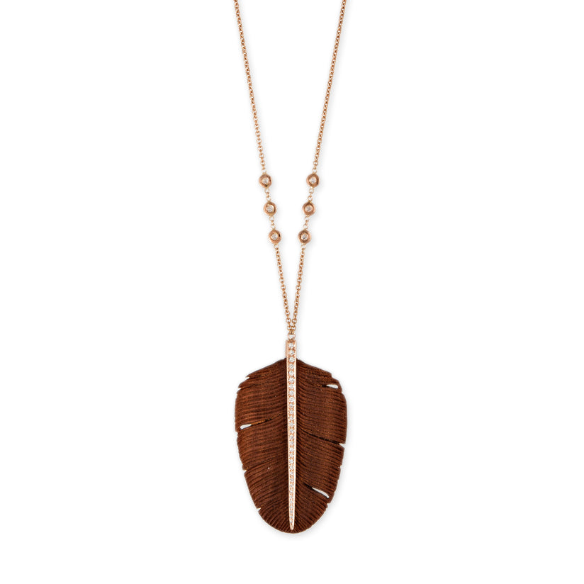 PAVE DIAMOND WIDE BROWN WOOD FEATHER NECKLACE