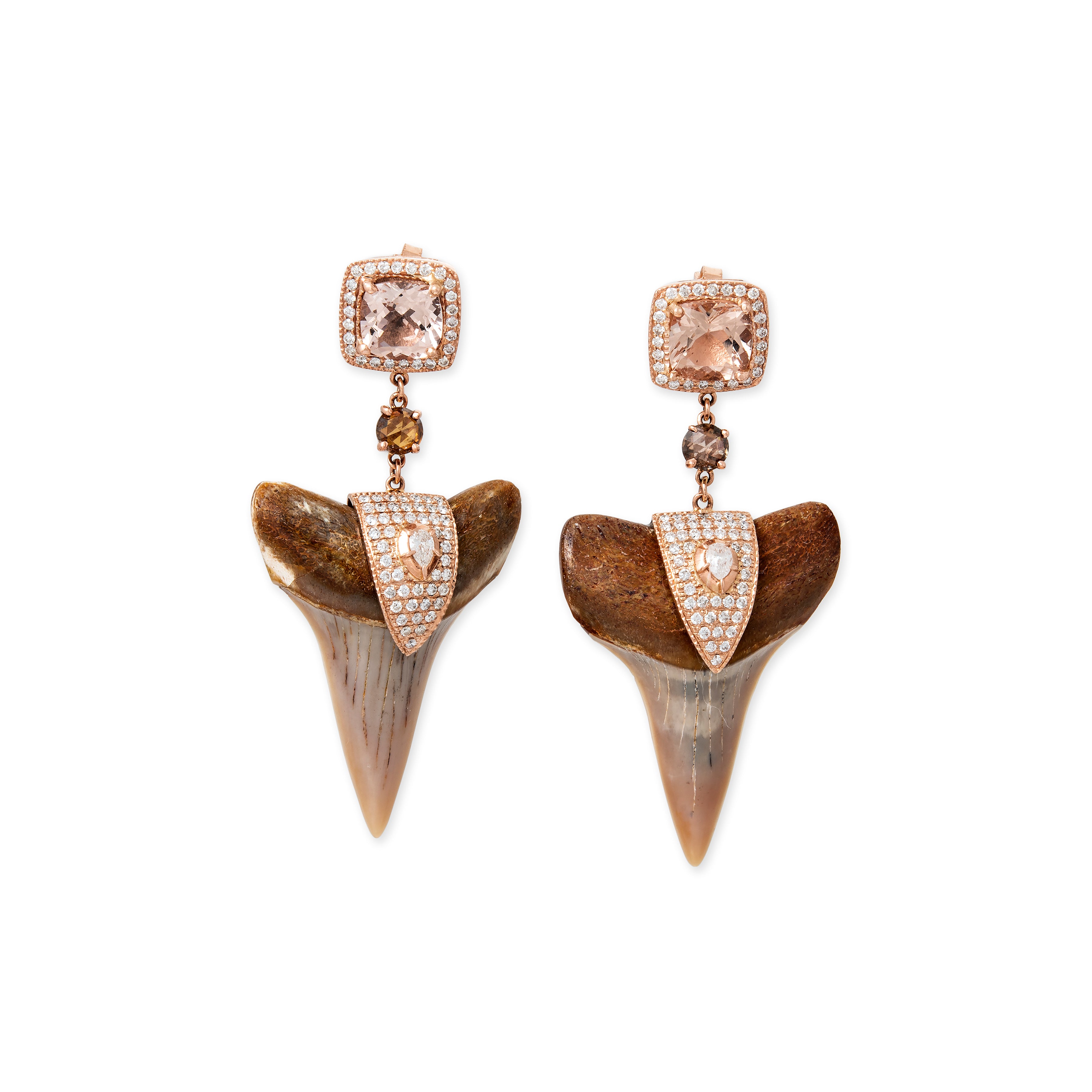 PAVE MORGANITE AND ROSE CUT DIAMOND + PAVE V CAP LARGE BROWN SHARK TOOTH EARRINGS