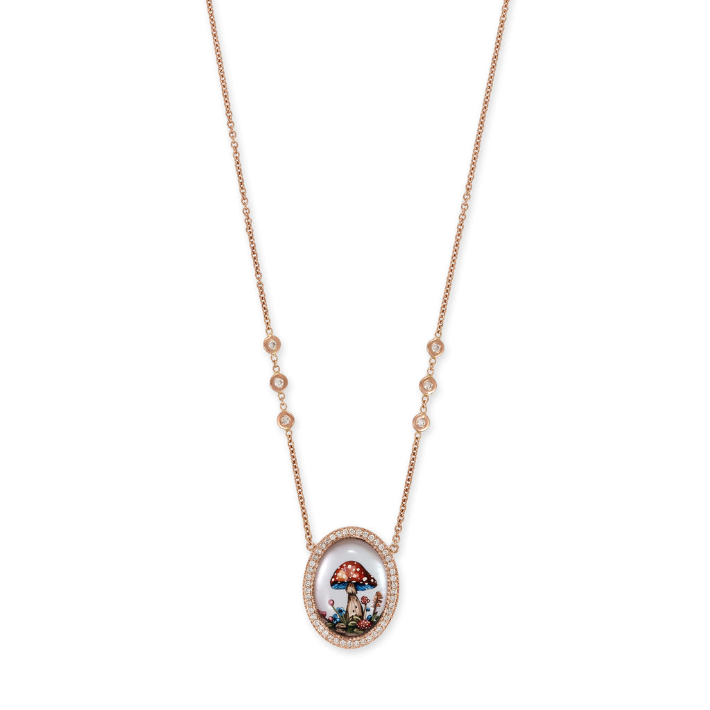 Hand Painted Red Mushroom Garden on Mother of Pearl Necklace