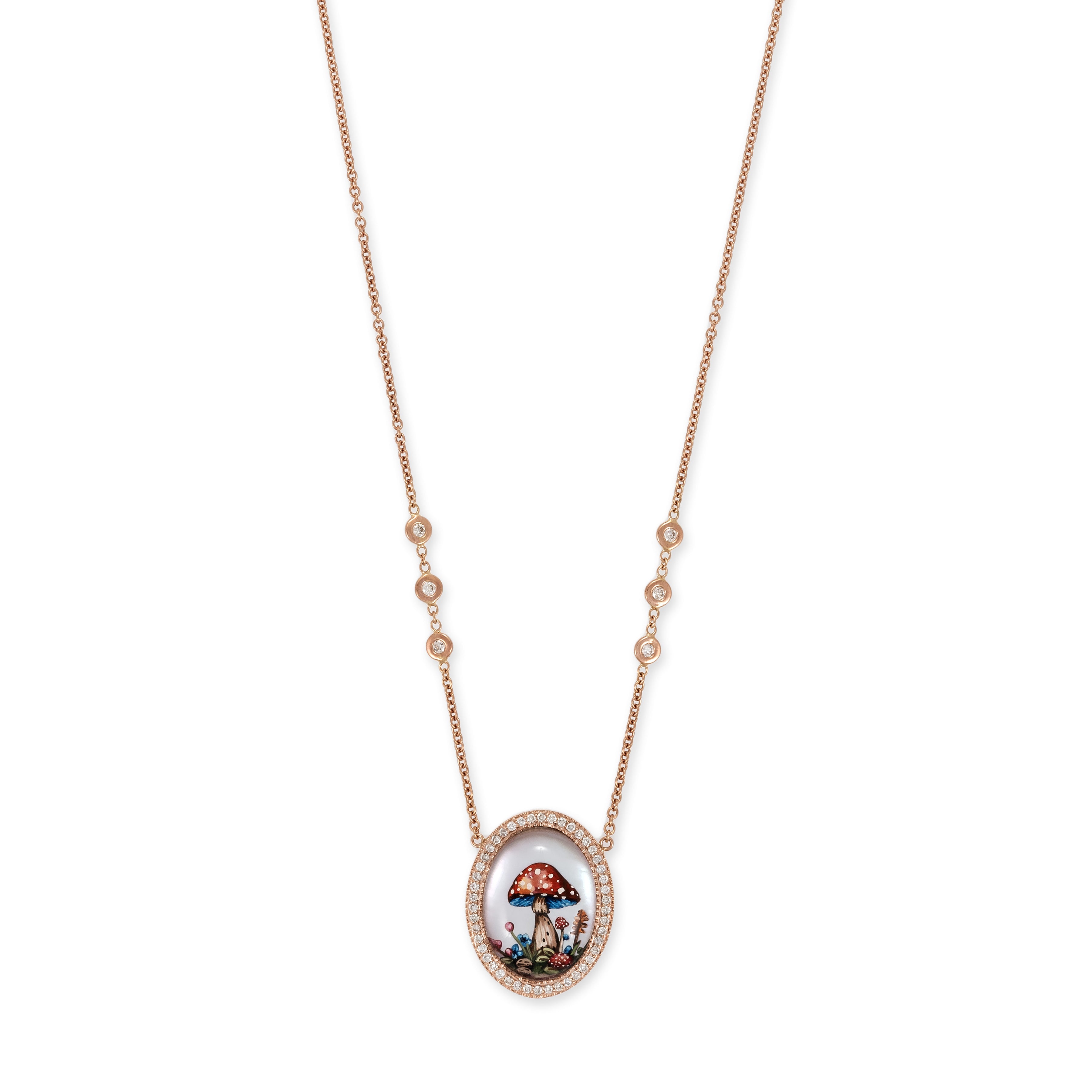 Hand Painted Red Mushroom Garden on Mother of Pearl Necklace