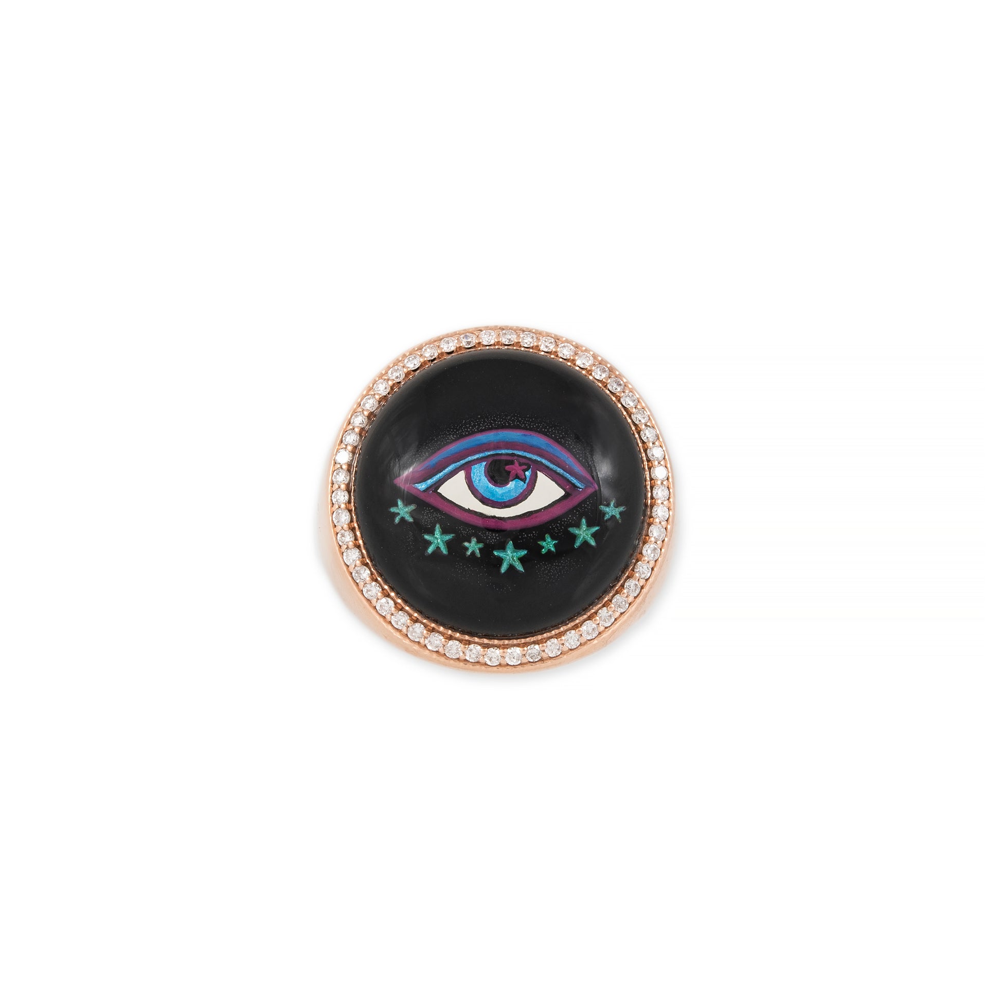 Pave Round Hand Painted Eye + Star Onyx Signet Ring