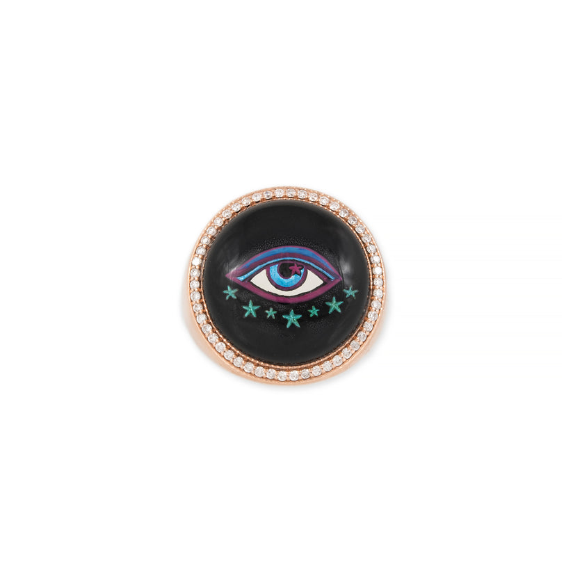 PAVE ROUND HAND PAINTED EYE + STAR ONYX SIGNET RING