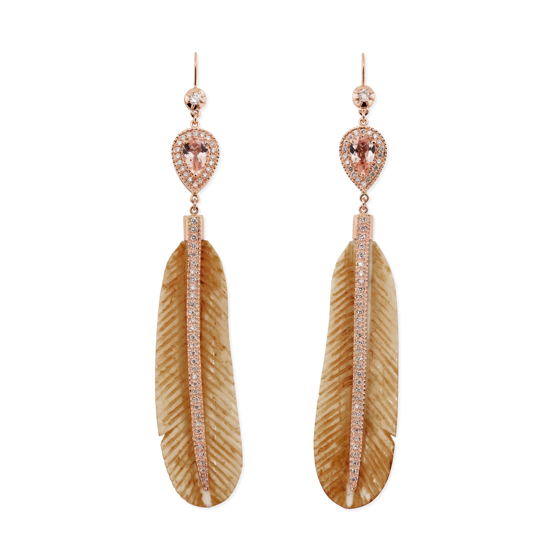 Pave Morganite Teardrop + Pave Natural Bone Feather Earrings