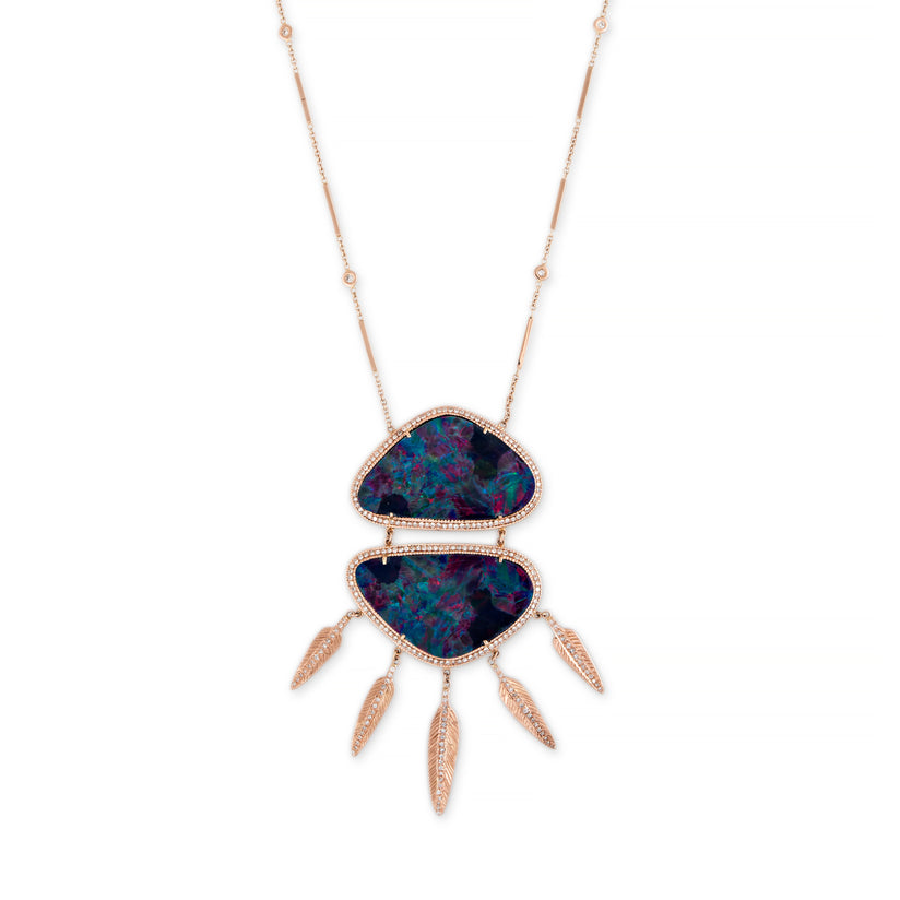 XL PAVE DOUBLE TRIANGLE OPAL FEATHER SHAKER NECKLACE