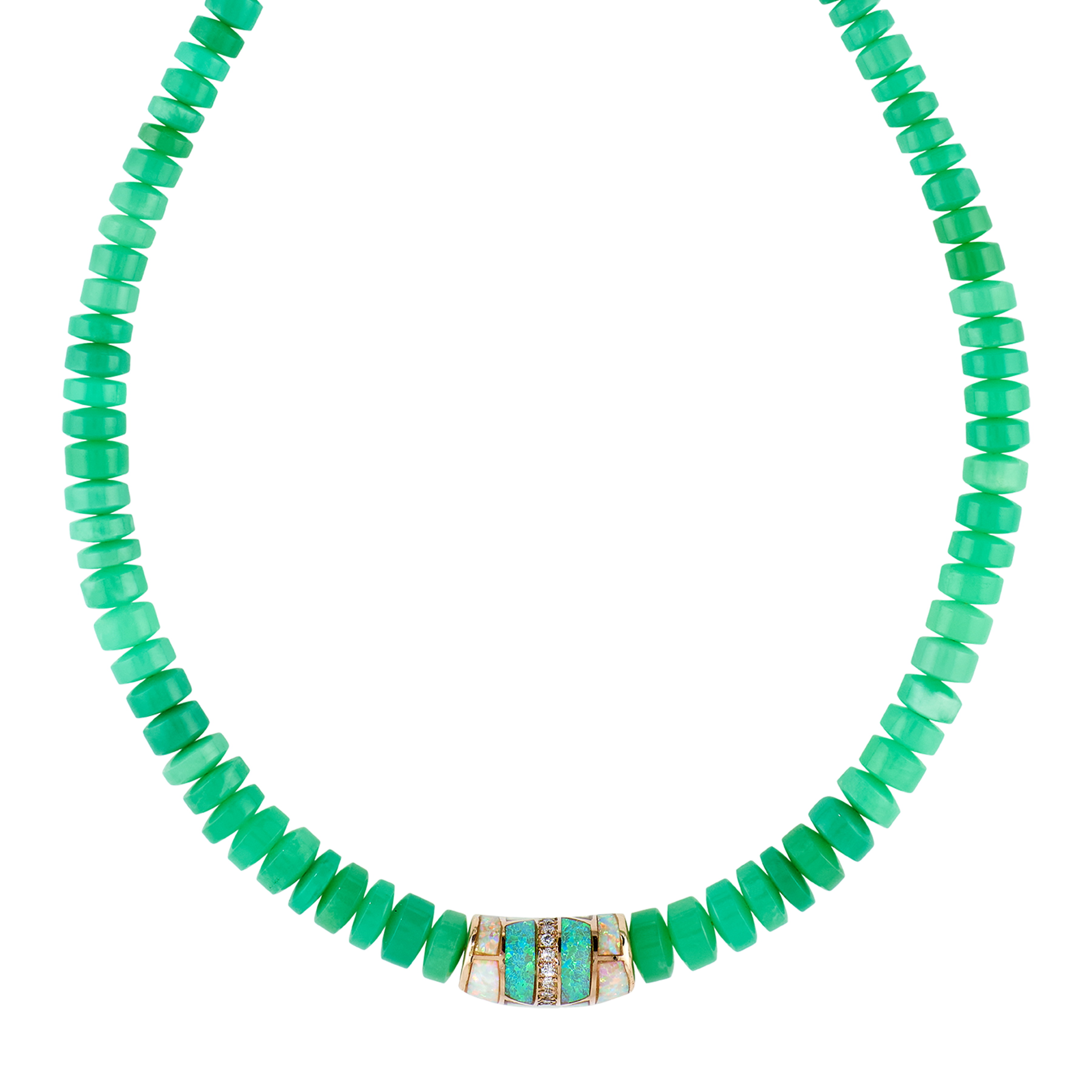 Pave Opal Inlay Tube Bead + Chrysoprase Beaded Necklace
