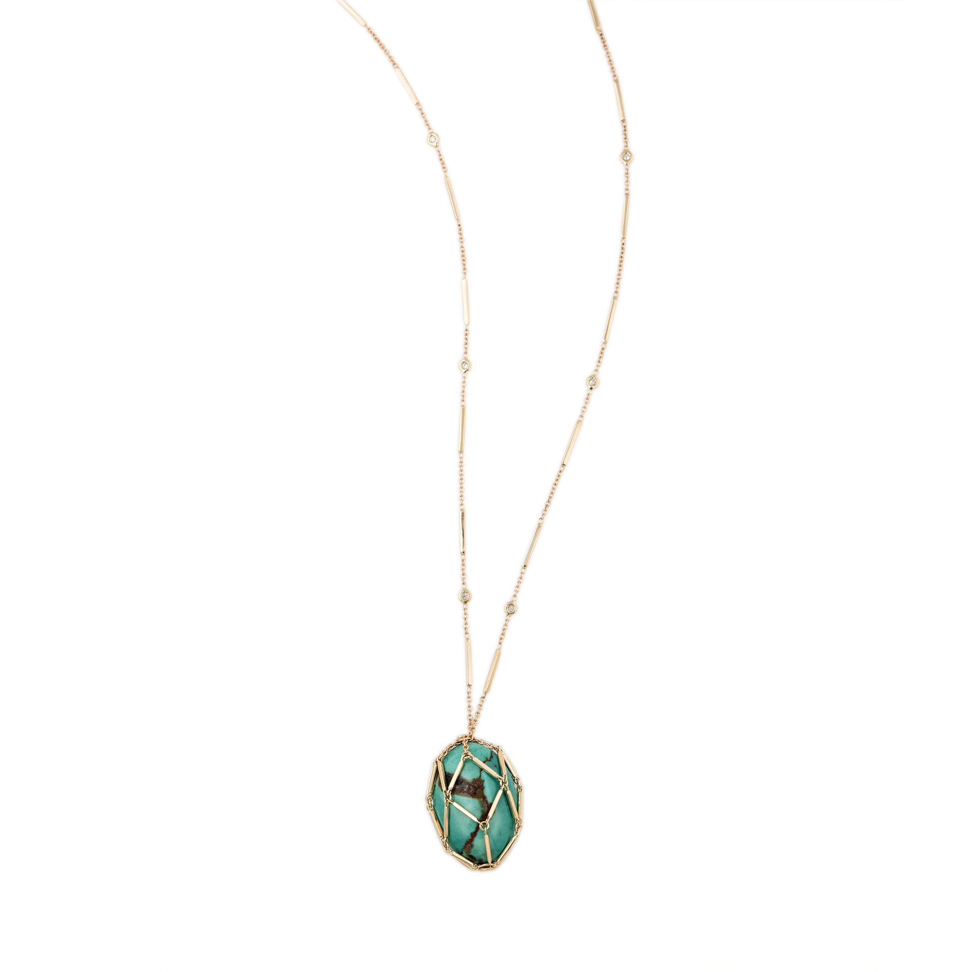 Diamond Bezel Caged Turquoise 6 Diamond Smooth Bar Necklace