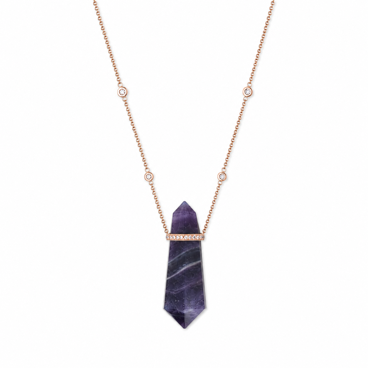 1 Row Pavé Faceted Amethyst Double Point Crystal + 2 Diamond Thin Chain Necklace