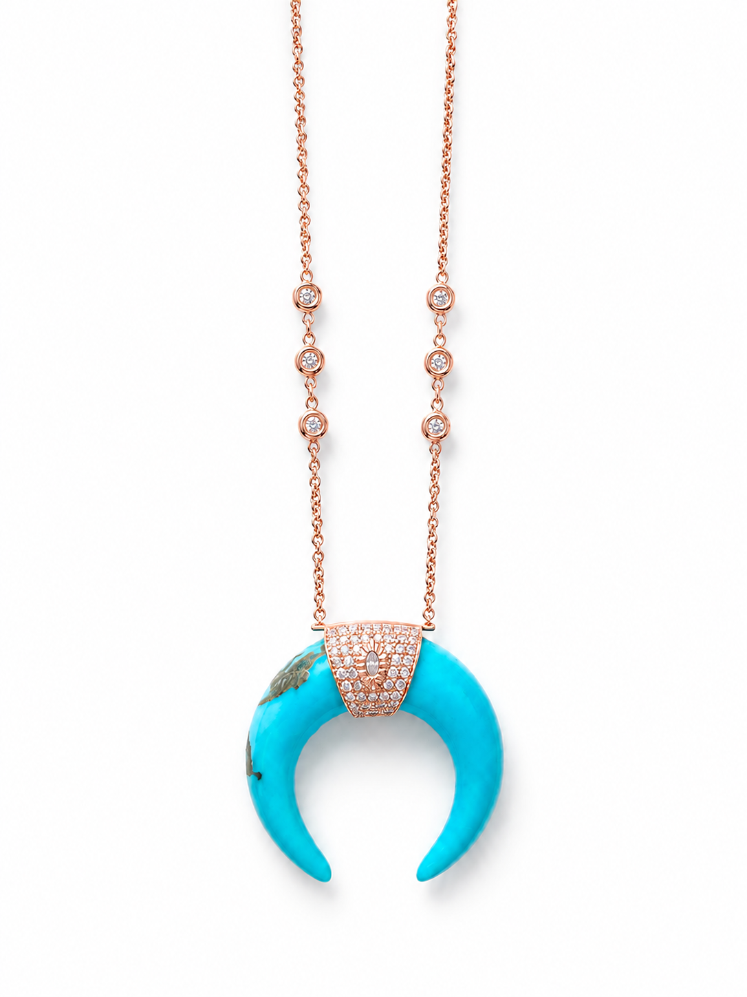 Rose Gold Pavé Teardrop Center Turquoise Double Horn 6 Diamond Necklace