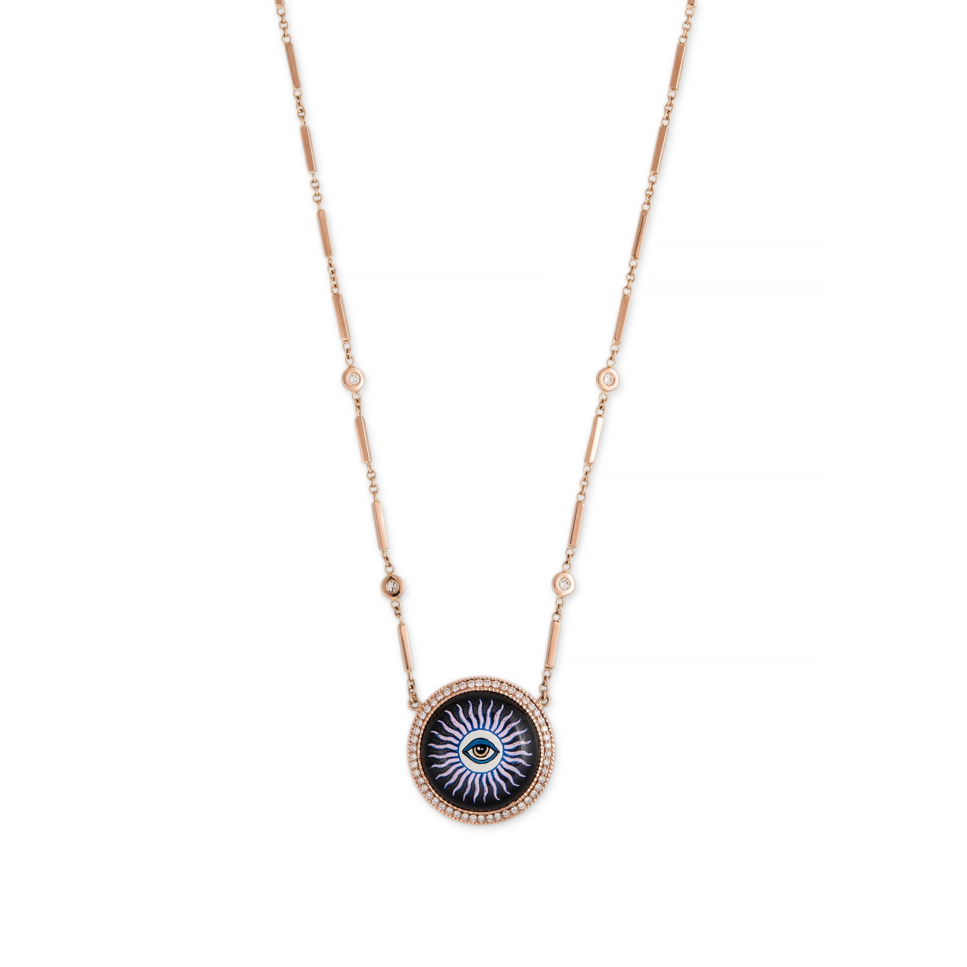 Pavé Onyx Blue Gold Eye + 4 Diamond Mini Smooth Bar Necklace