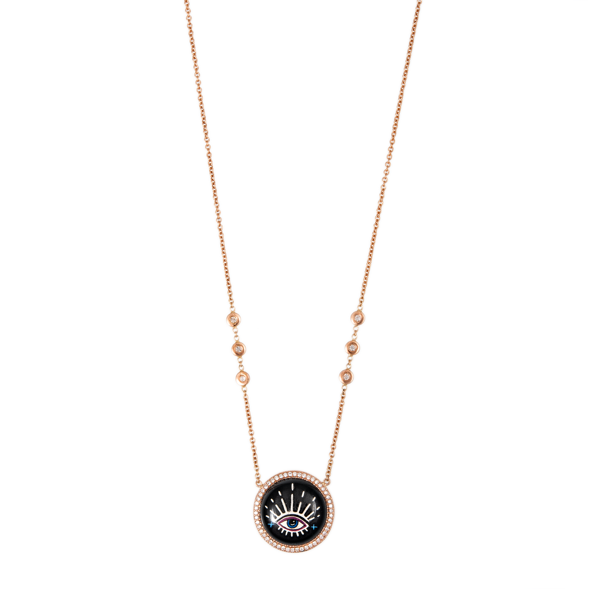 Pavé Onyx Magenta Painted Blue Eye Burst + 6 Diamond Necklace