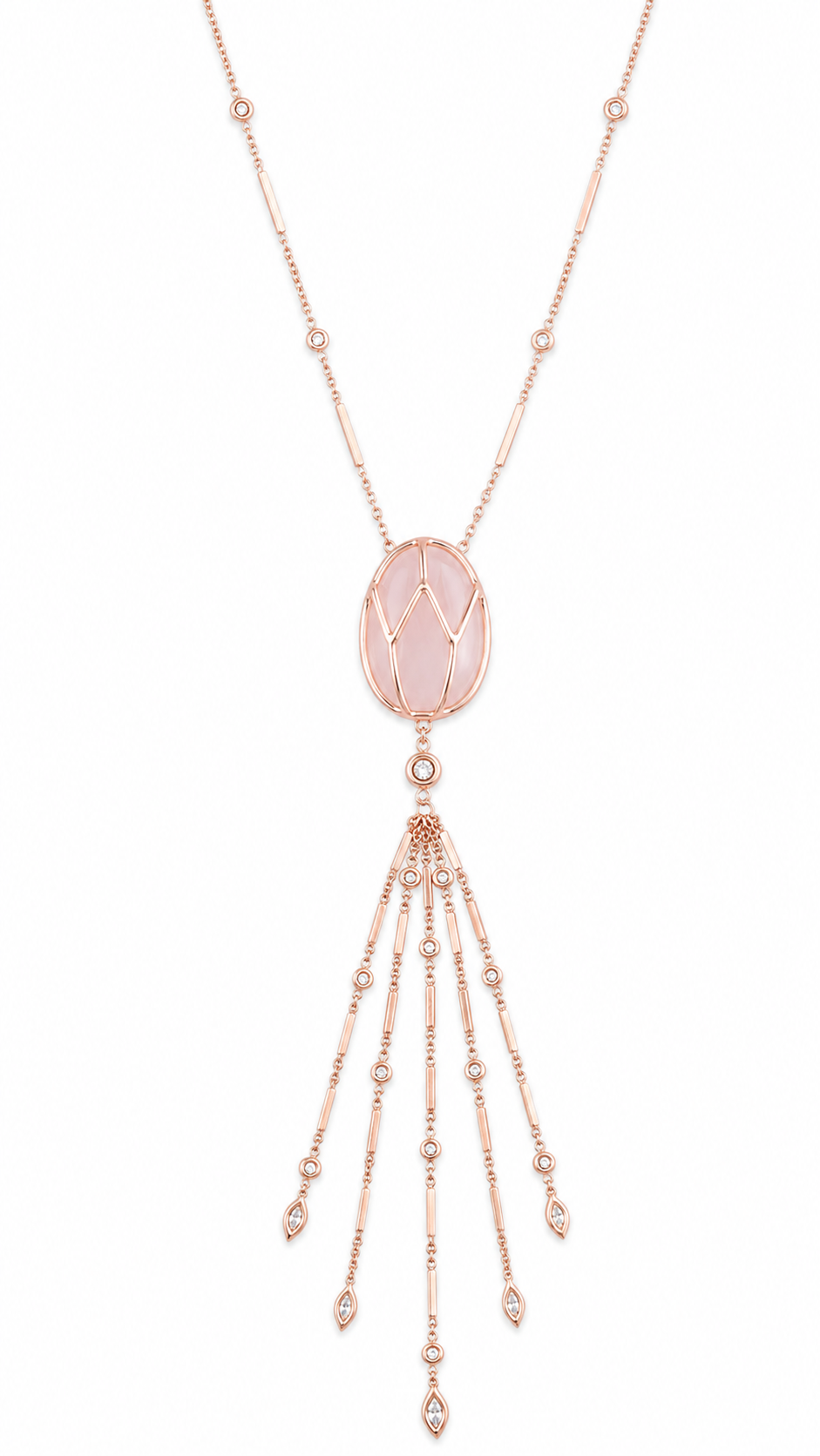 Caged Rose Quartz + 5 smooth bar round and marquise diamond drop necklace