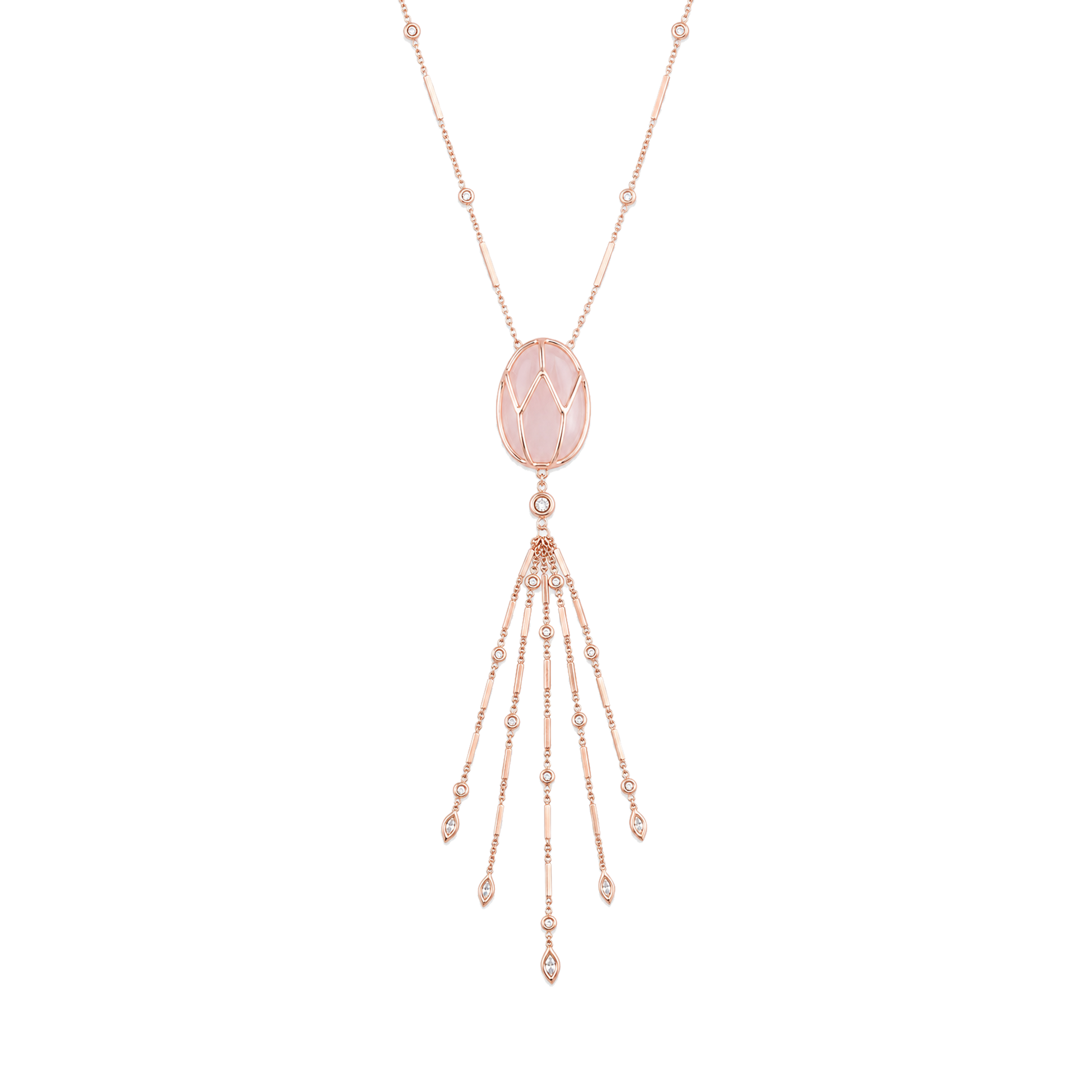 Caged Rose Quartz Smooth Bar Tassel Necklace