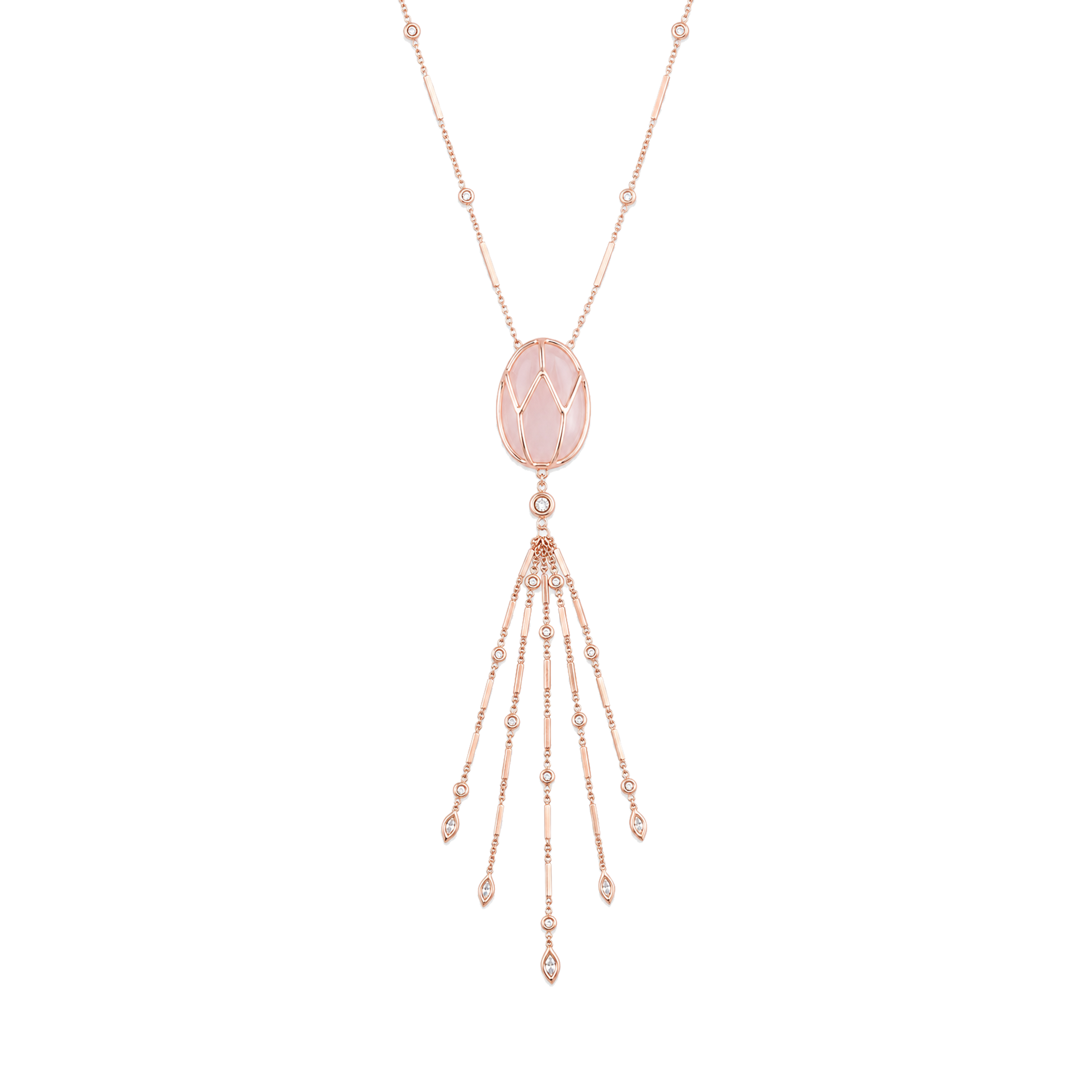 Caged Rose Quartz Smooth Bar Tassel Necklace