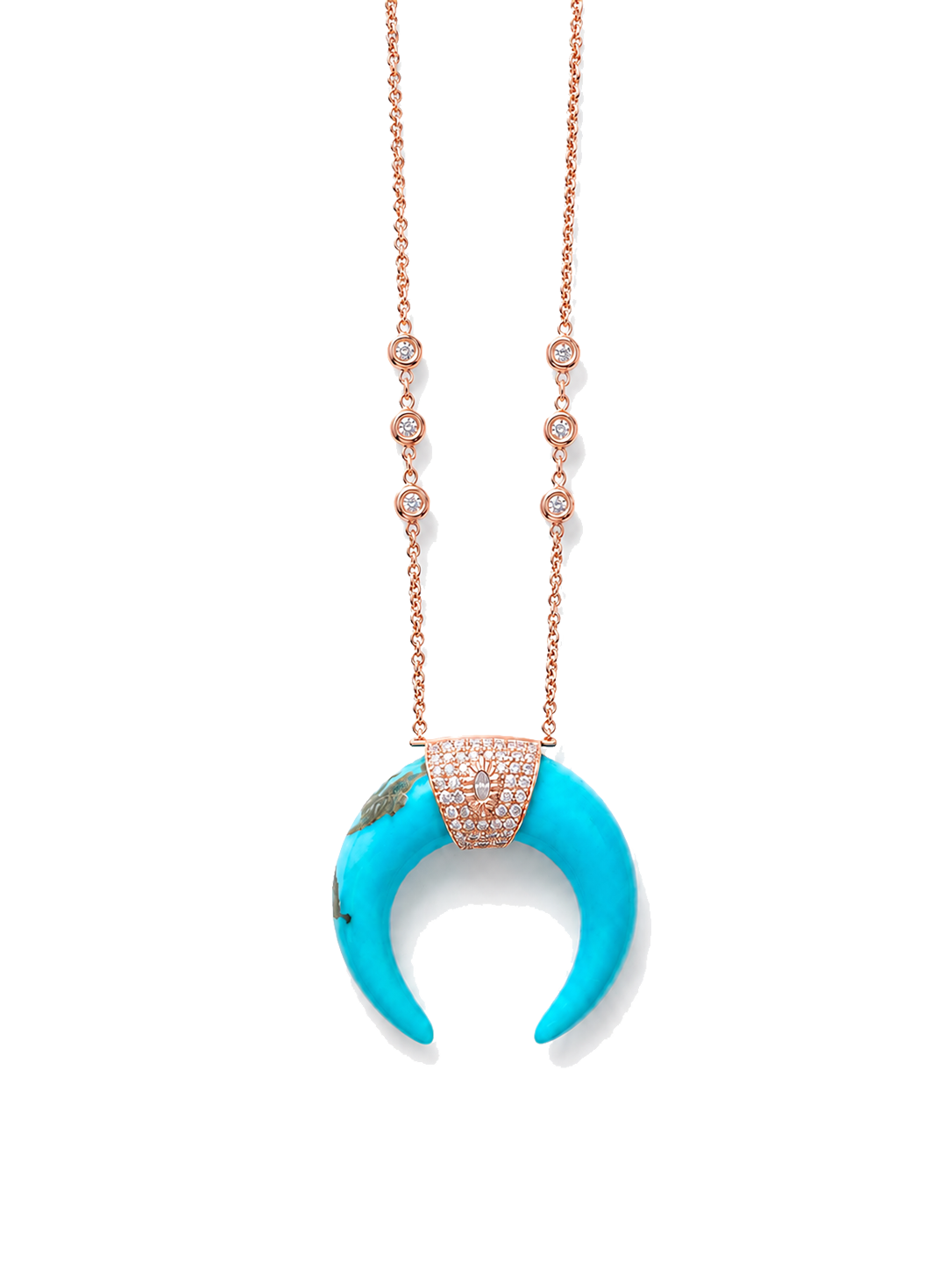 Turquoise Double Horn Necklace with Pavé Teardrop Center set in Rose Gold