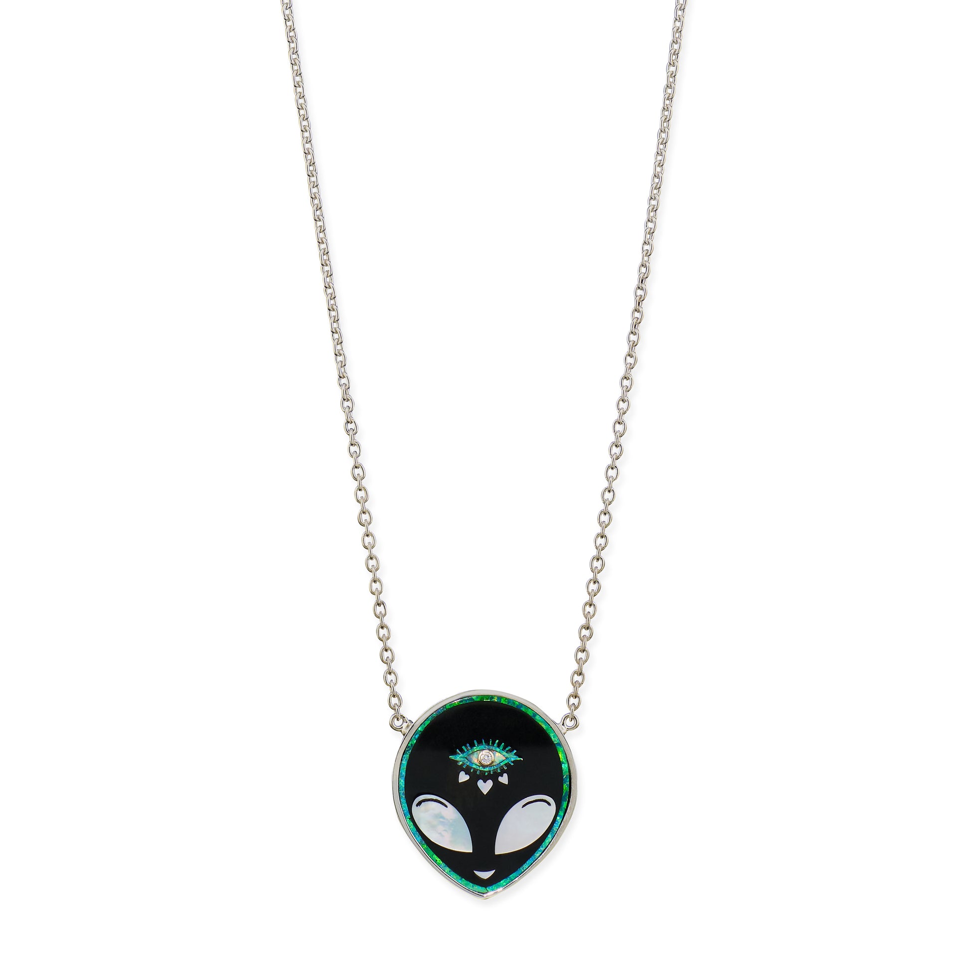 Silver Onyx + Pearl Alien Heart Eye Inlay Necklace