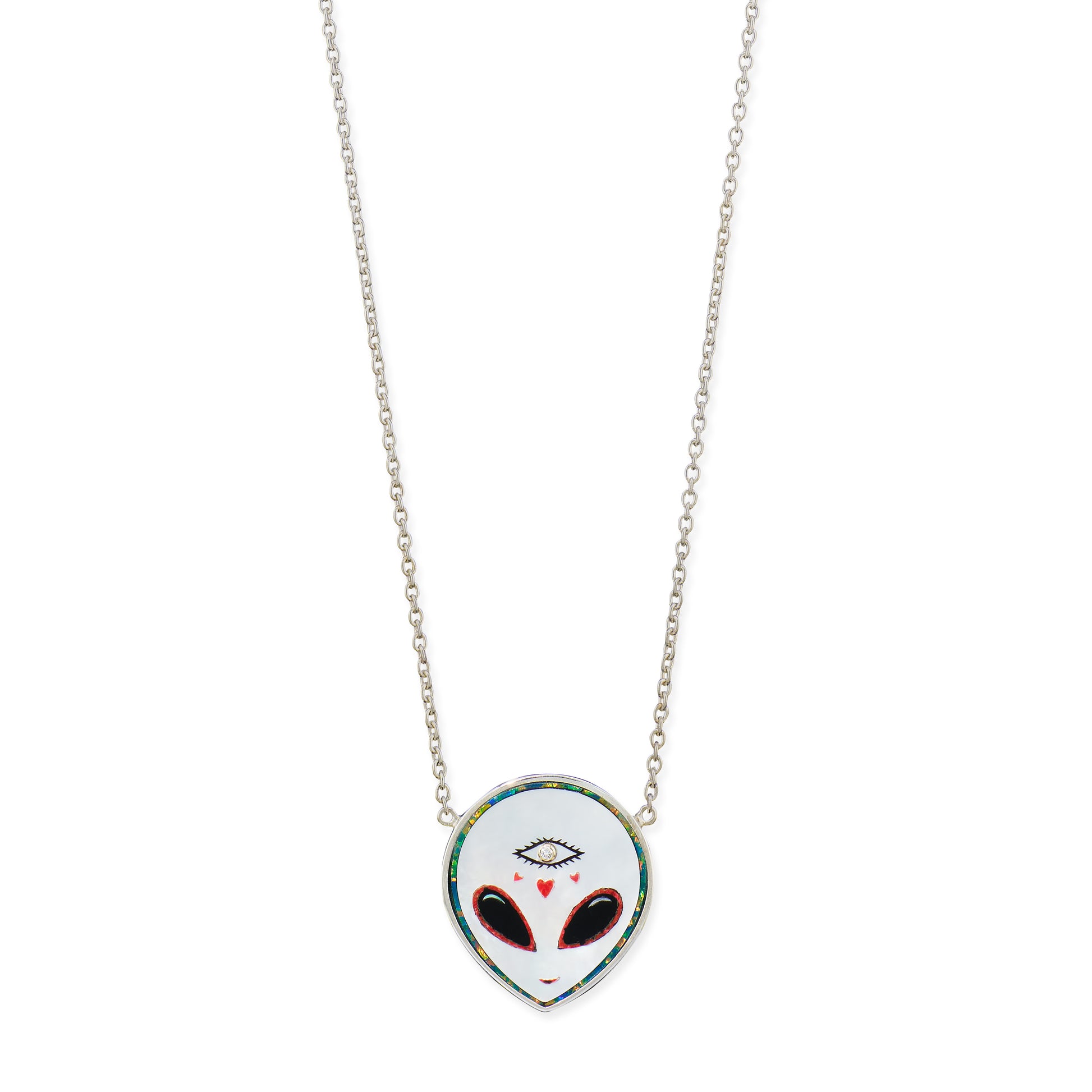 Silver Pearl + Onyx Alien Heart Eye Inlay Necklace
