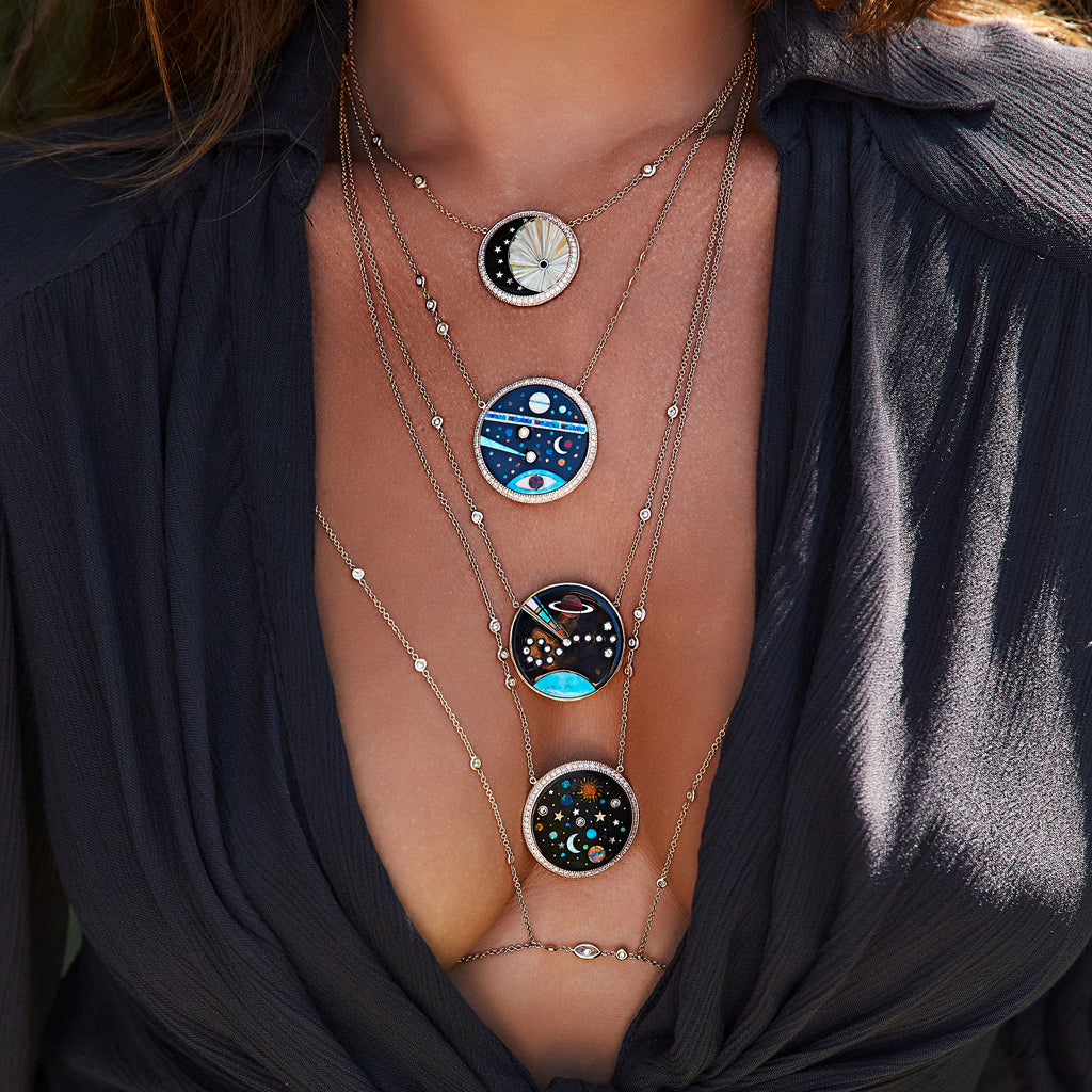 Pavé Round Onyx + Opal Starry Galaxy Inlay Necklace