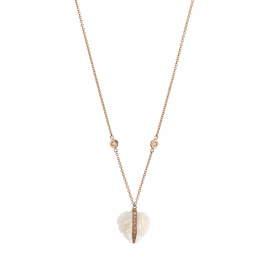 Small Pave Carved Moonstone Leaf Necklace