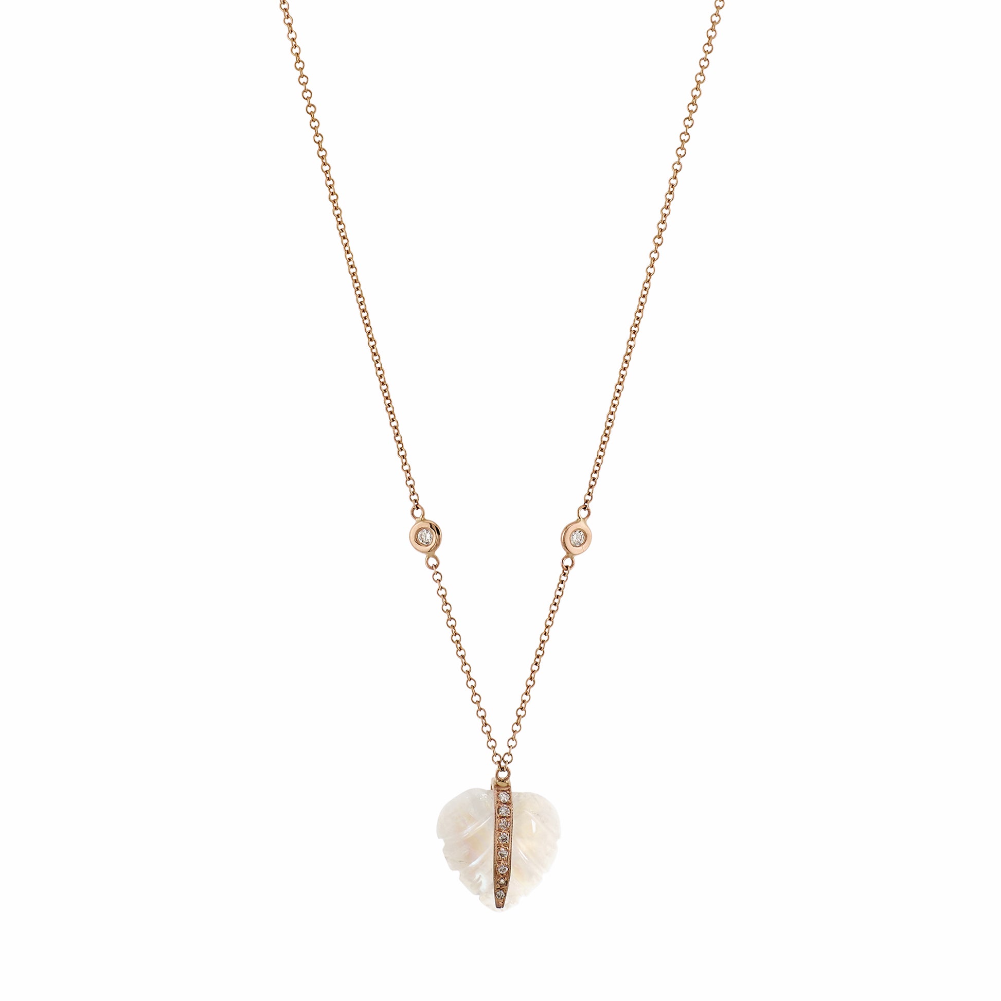 Small Pave Carved Moonstone Leaf Necklace