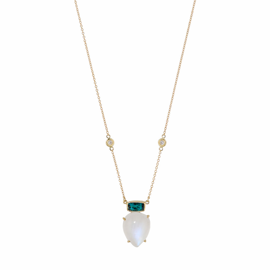 Blue Tourmaline Bezel + Moonstone Teardrop Necklace