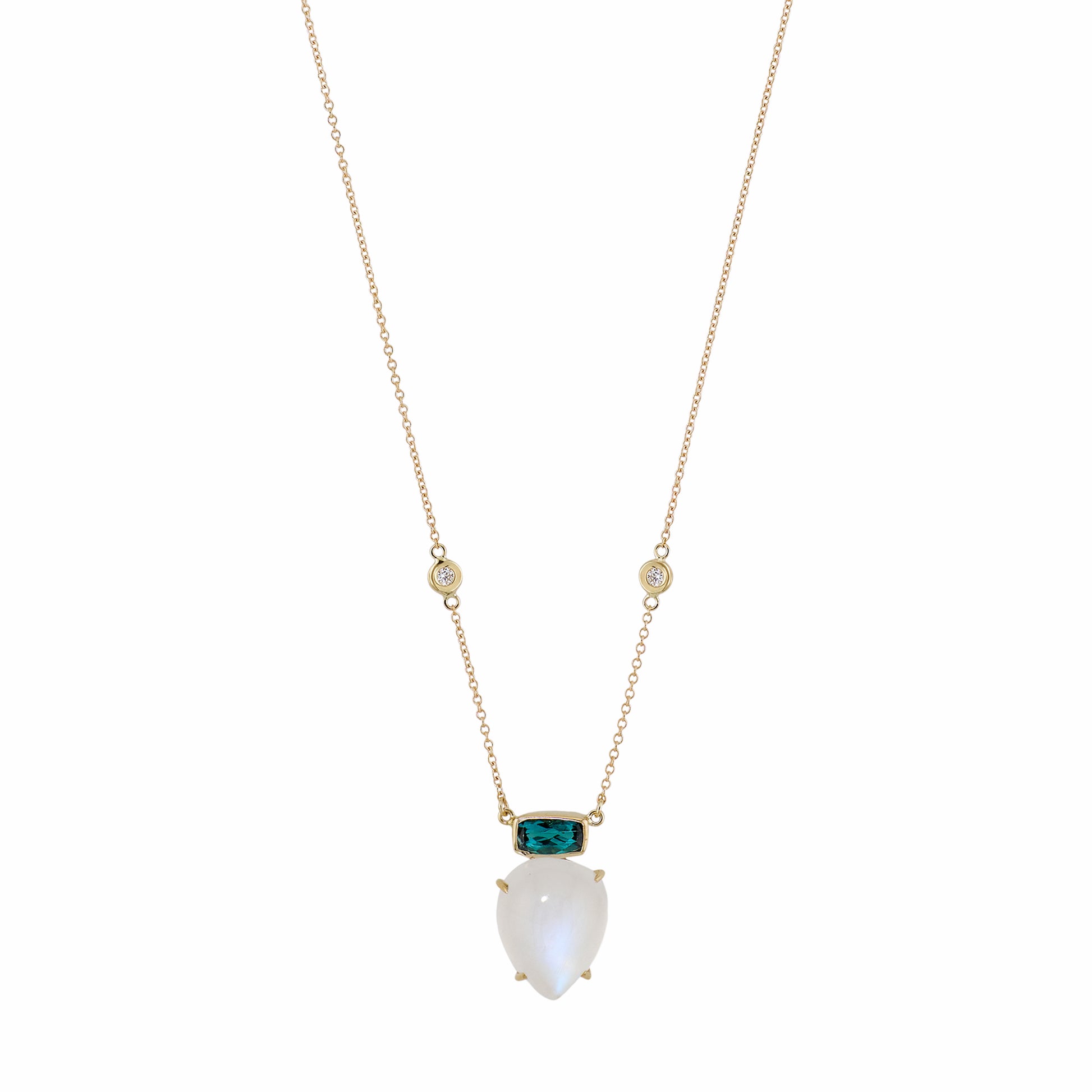 Blue Tourmaline Bezel + Moonstone Teardrop Necklace