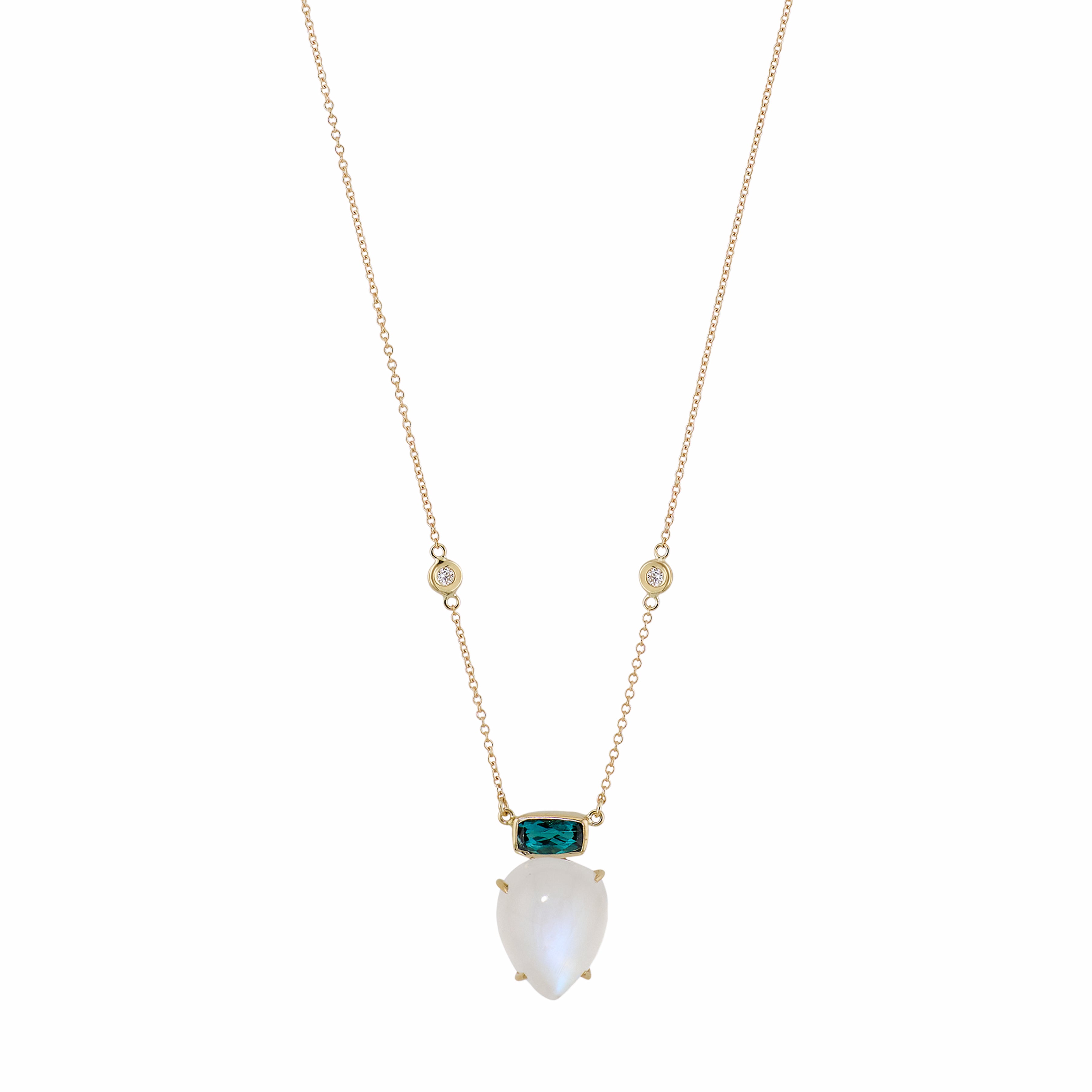Blue Tourmaline Bezel + Moonstone Teardrop Necklace