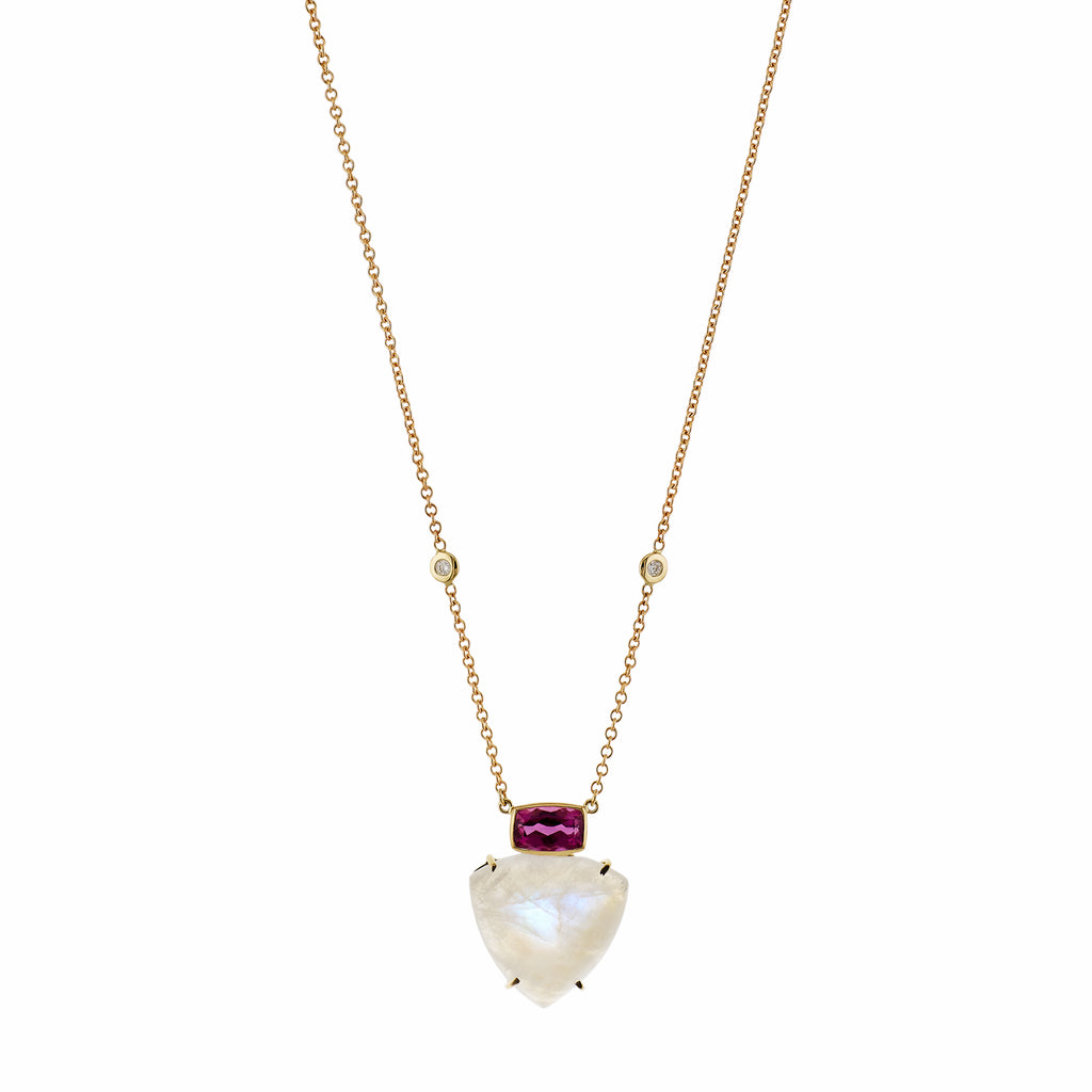 Pink Tourmaline Bezel + Moonstone Trillion Necklace