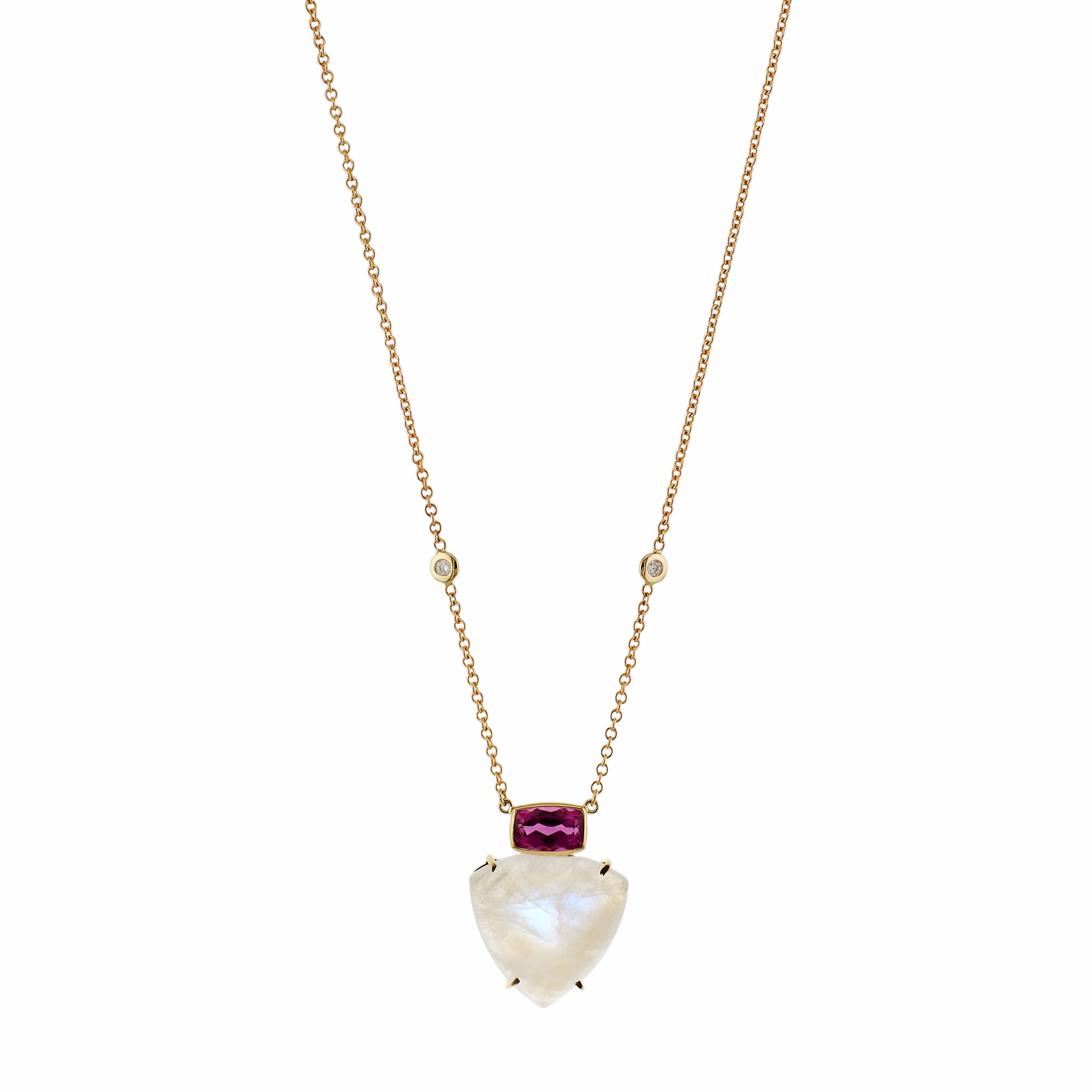 Pink Tourmaline Bezel + Moonstone Trillion Necklace