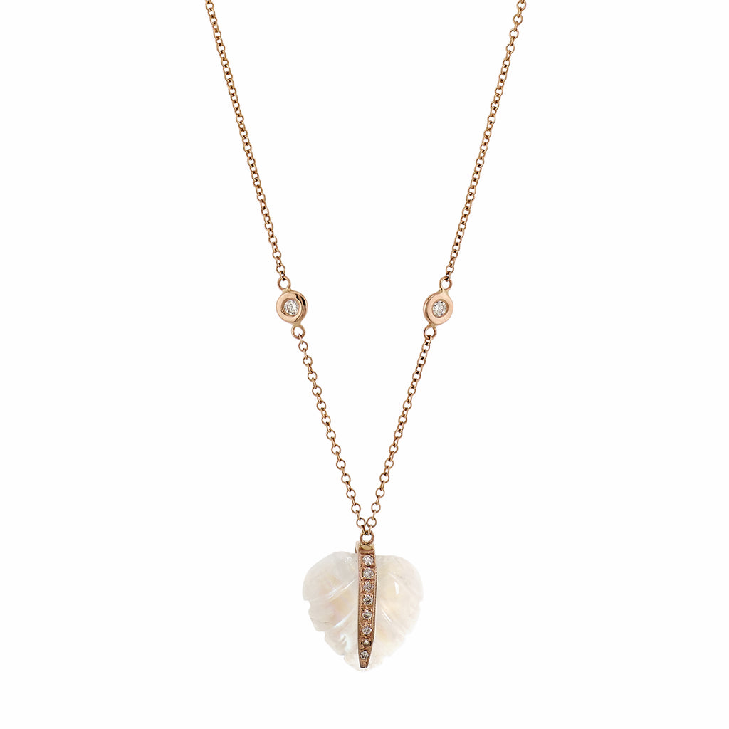 Small Pave Carved Moonstone Leaf Necklace