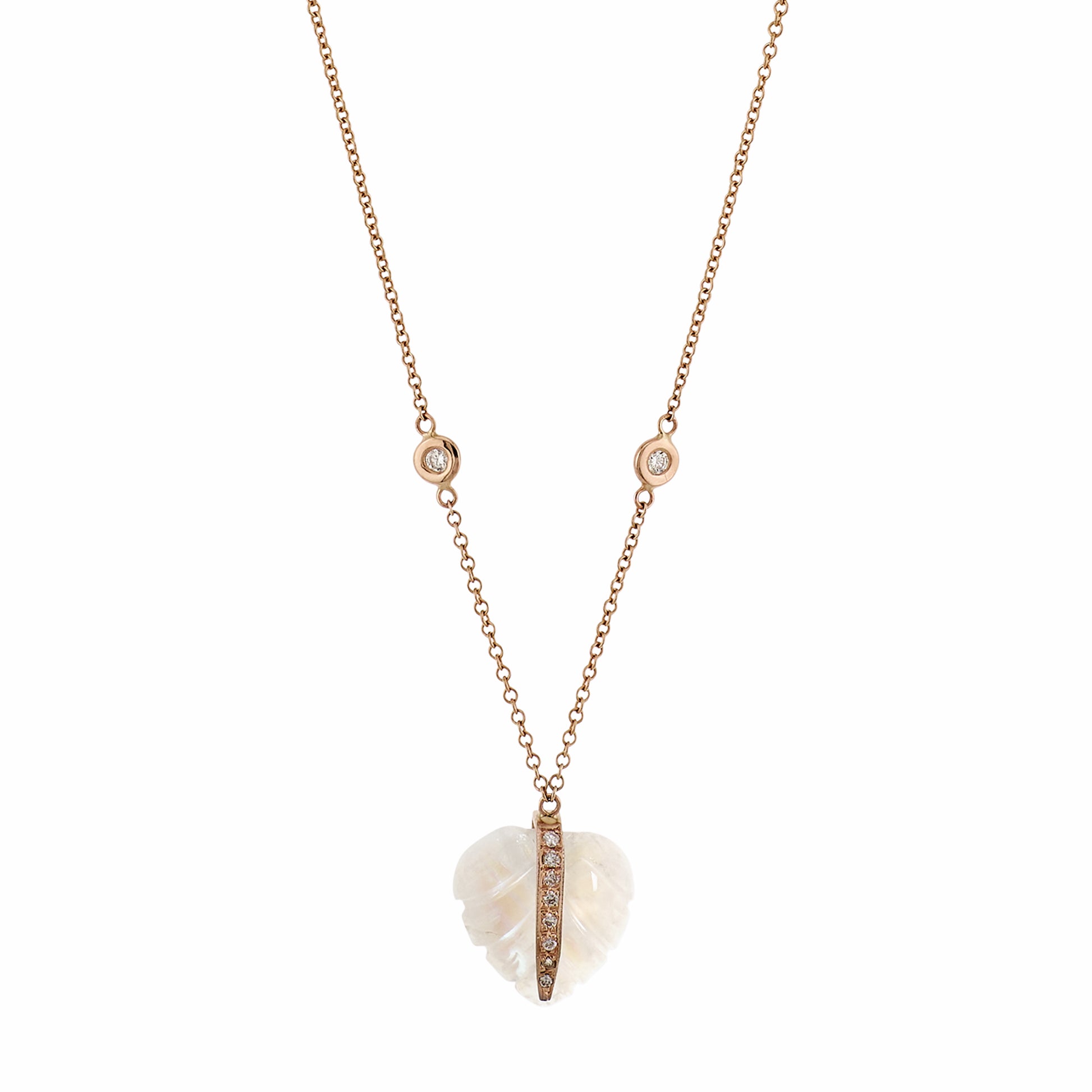 Small Pave Carved Moonstone Leaf Necklace