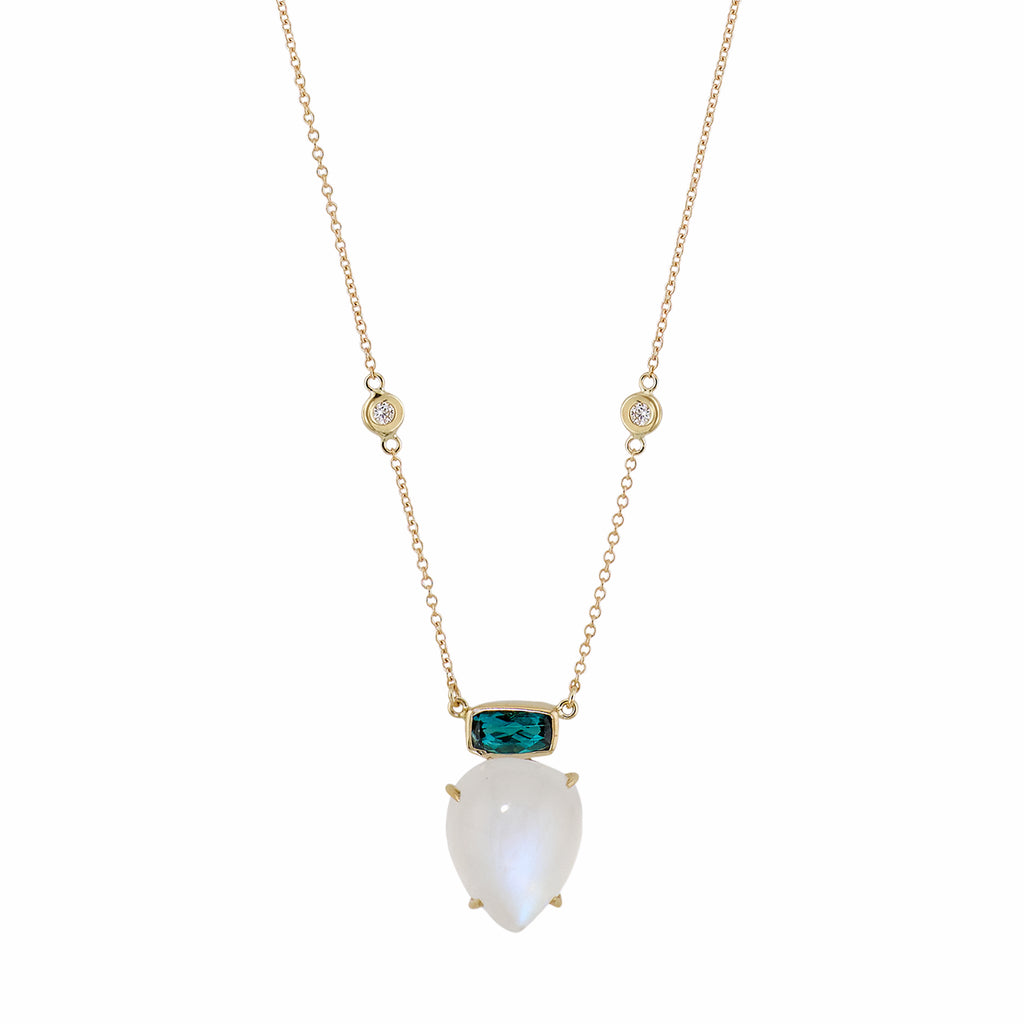 Blue Tourmaline Bezel + Moonstone Teardrop Necklace