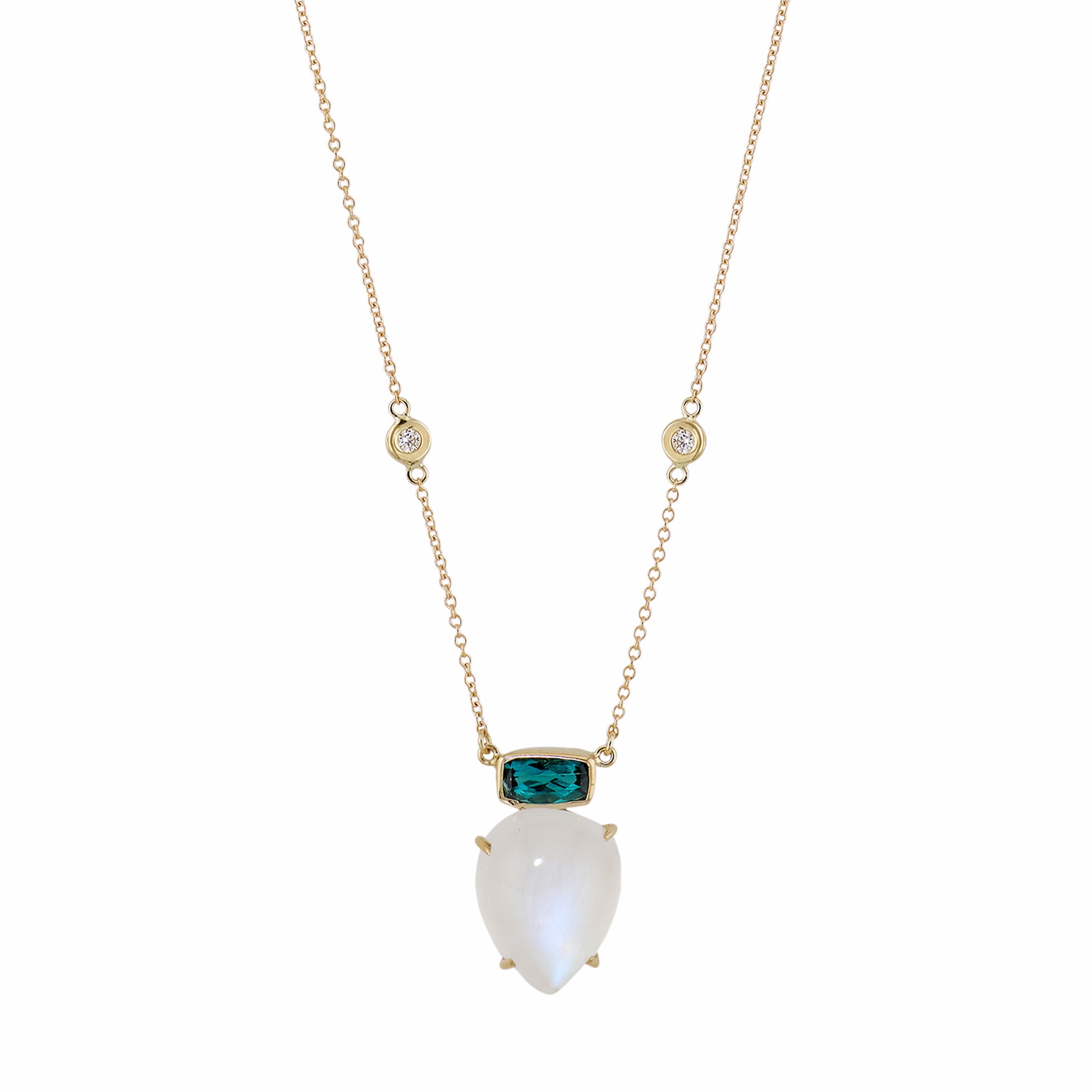 Blue Tourmaline Bezel + Moonstone Teardrop Necklace