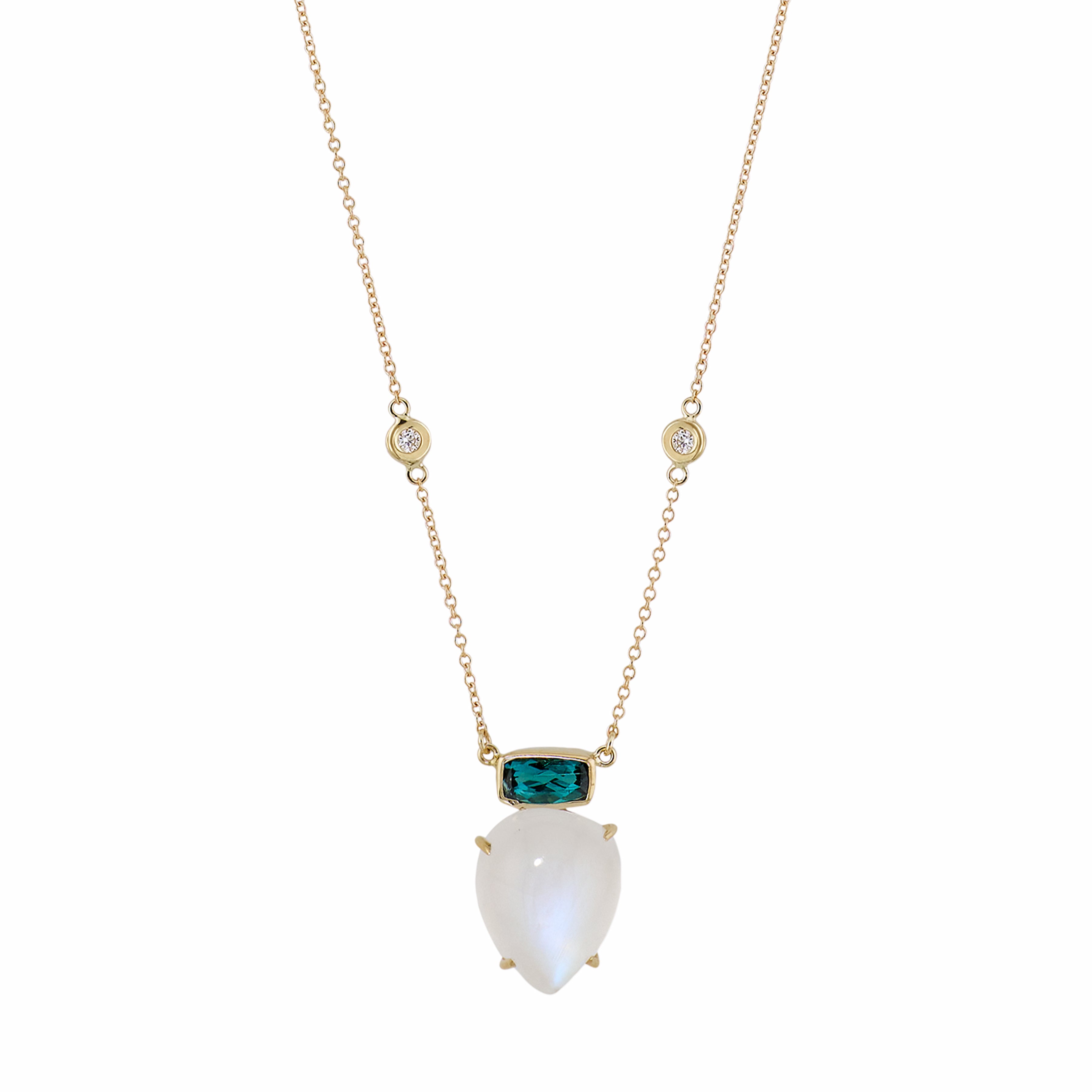Blue Tourmaline Bezel + Moonstone Teardrop Necklace