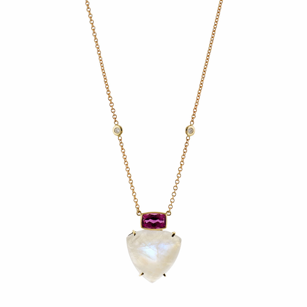 Pink Tourmaline Bezel + Moonstone Trillion Necklace