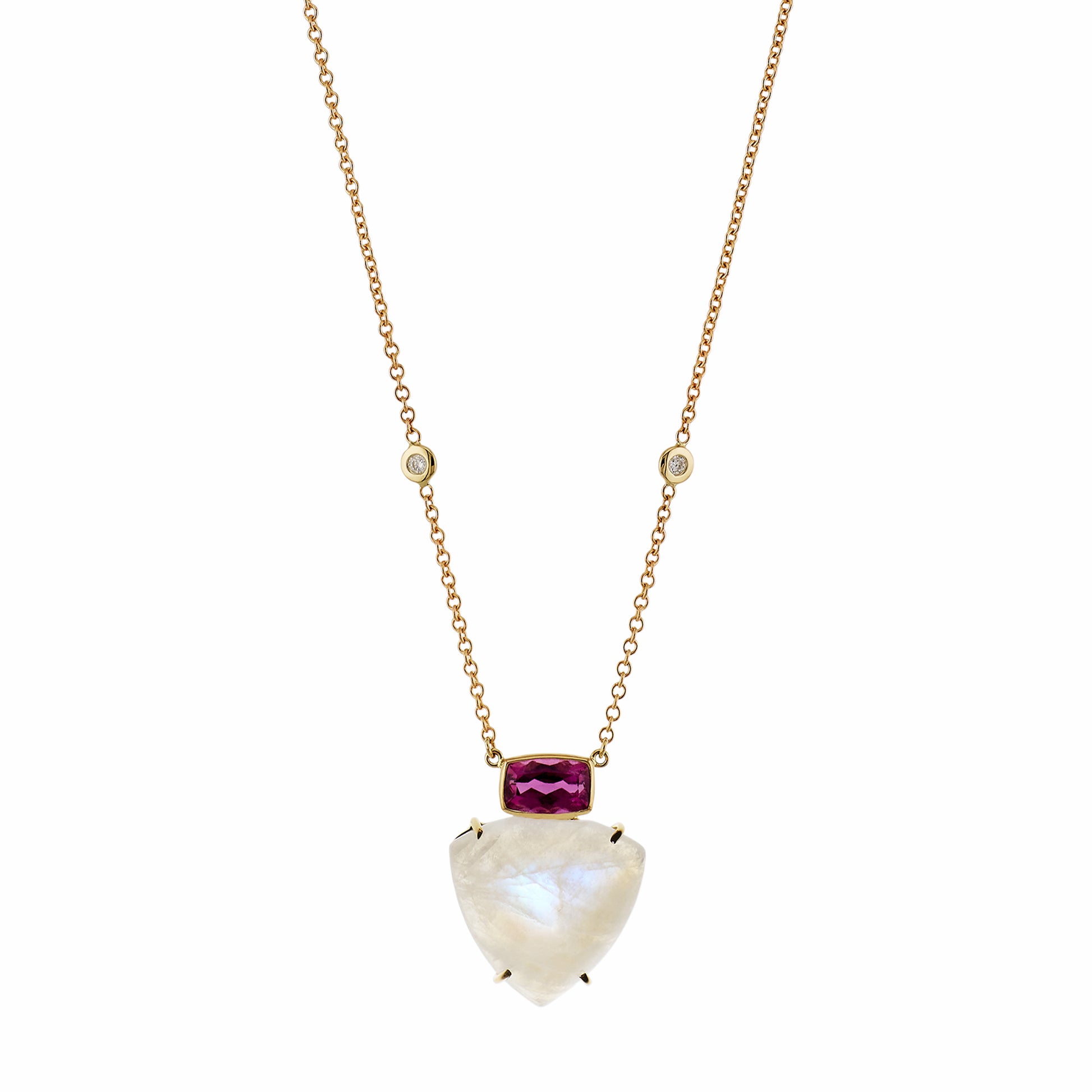 Pink Tourmaline Bezel + Moonstone Trillion Necklace