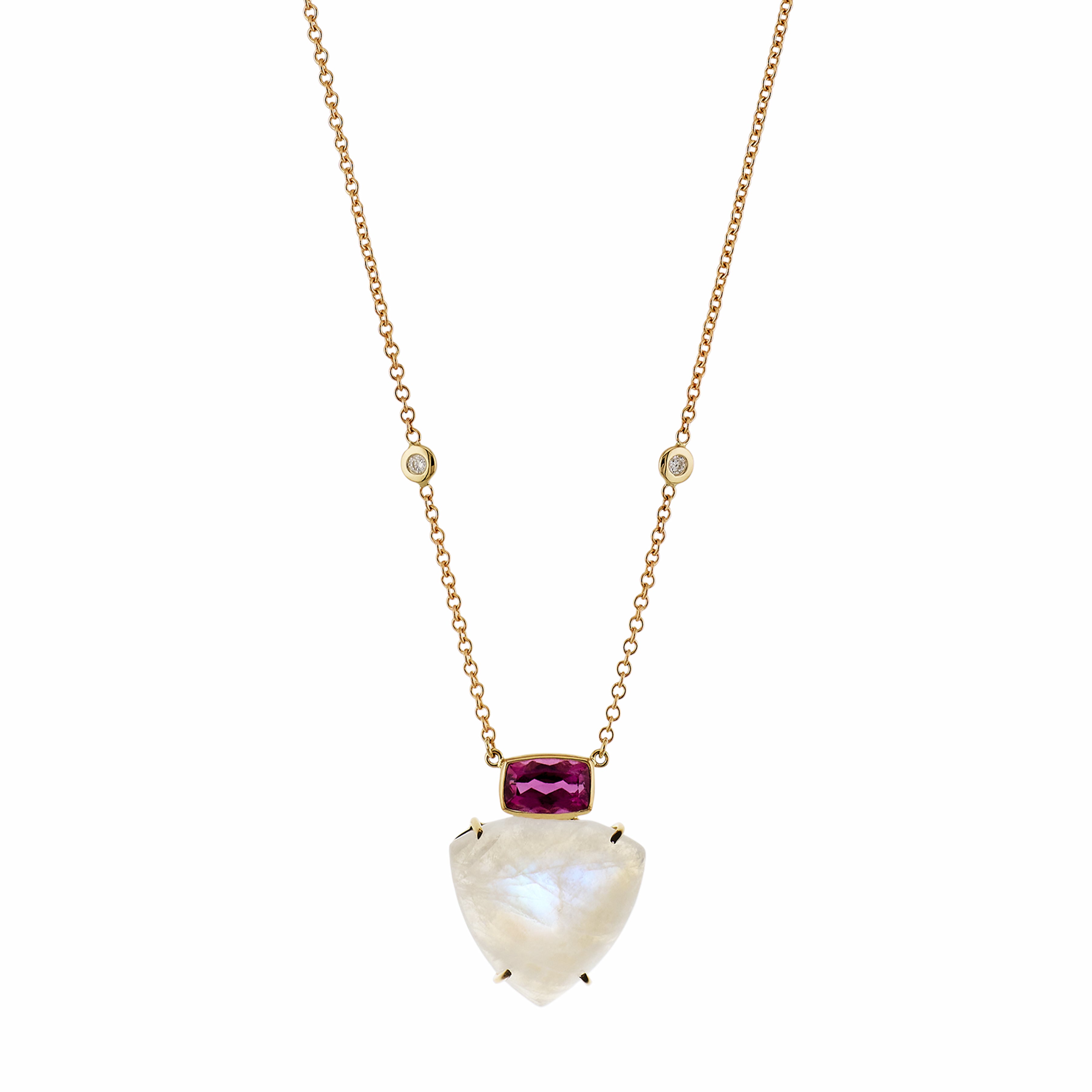 Pink Tourmaline Bezel + Moonstone Trillion Necklace
