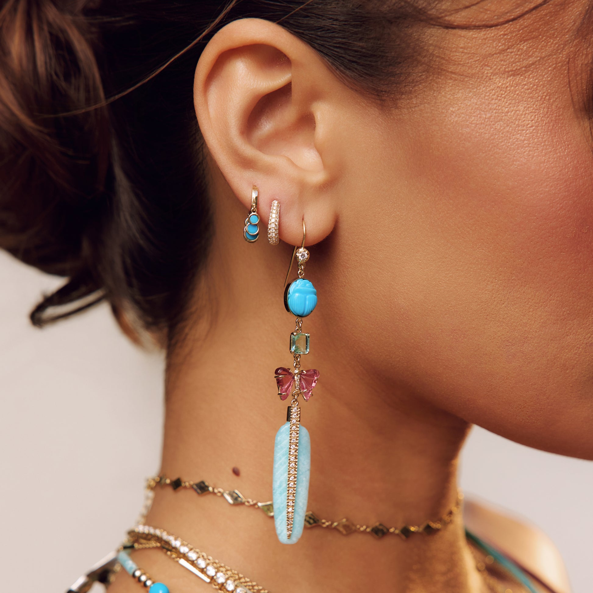 Tourmaline Butterfly and Flower Amazonite Feather Earrings