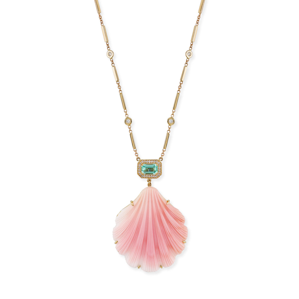 Carved Pink Opal Shell + Pave Emerald Baguette Necklace