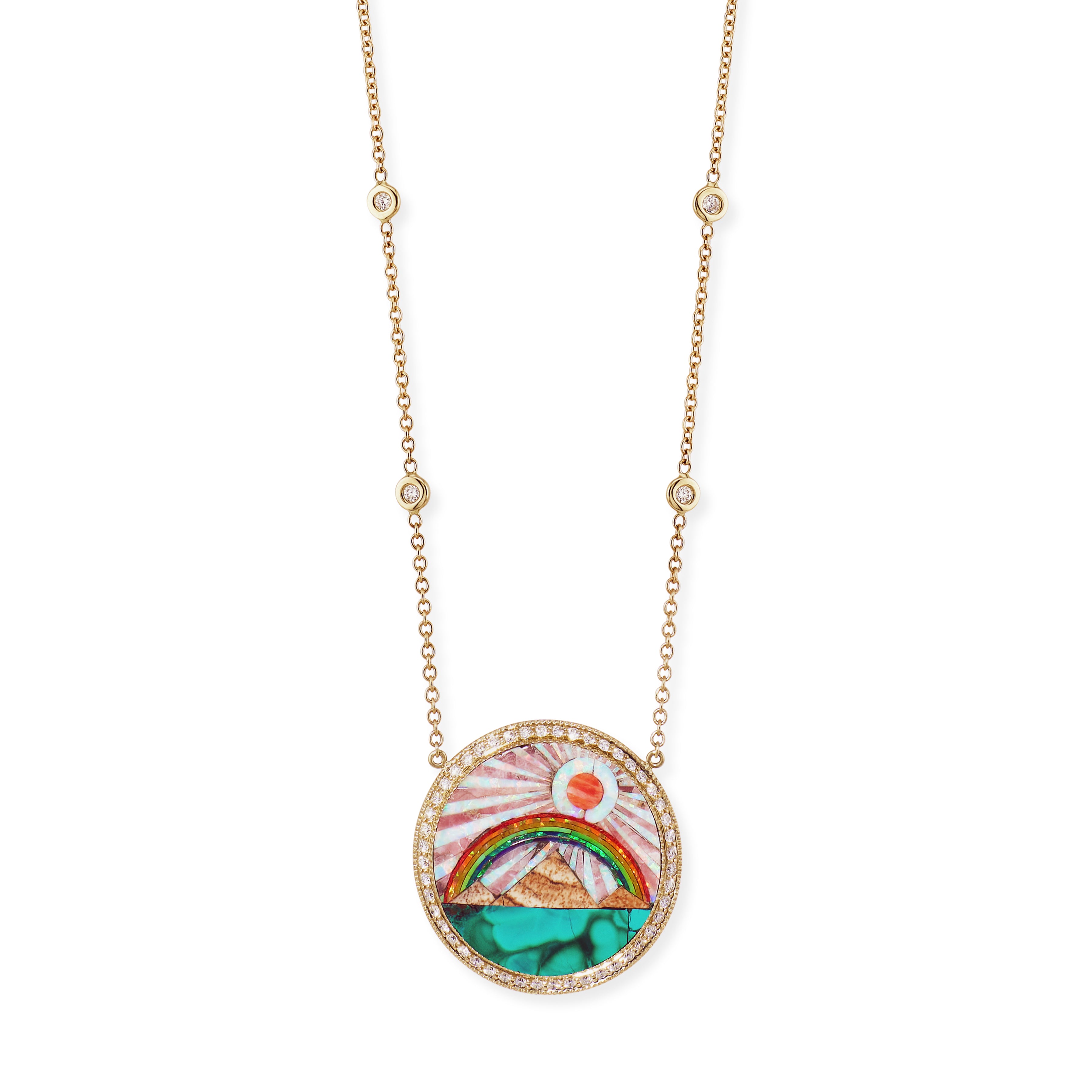 Small Gemstone Rainbow Pyramid Scenic Inlay Necklace