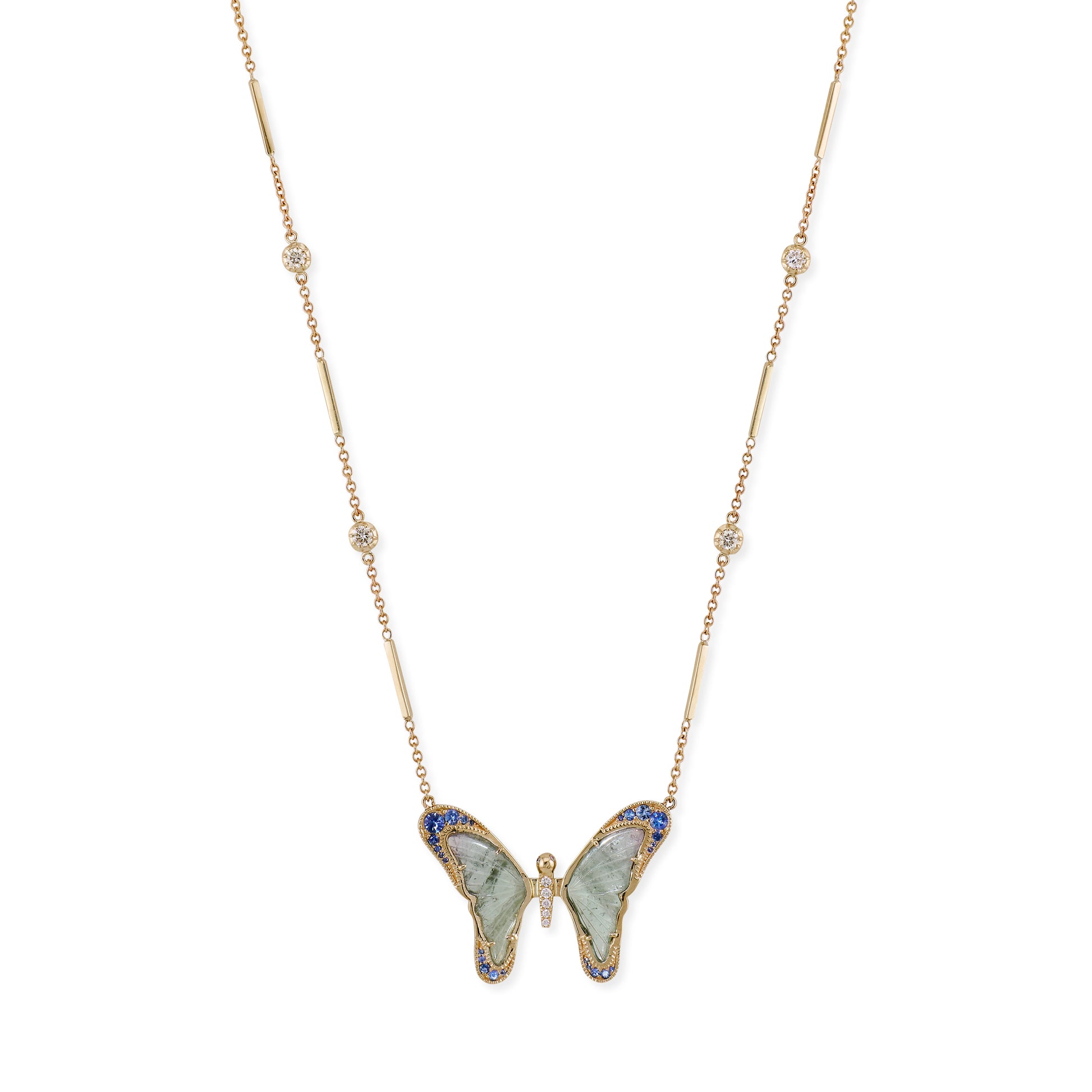 Blue Sapphire and Green Blue Tourmaline Pave Center Butterfly Necklace