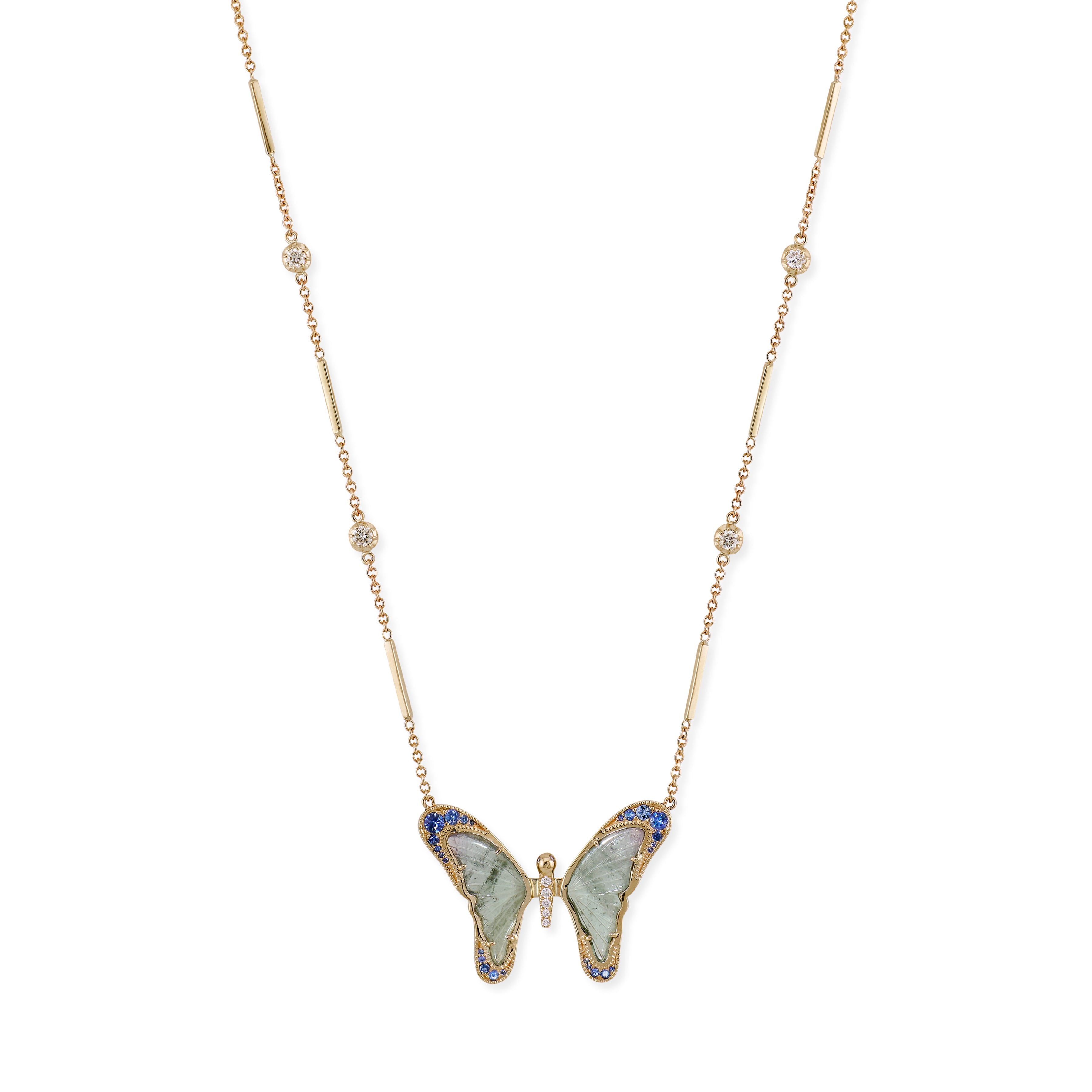 Blue Sapphire and Green Blue Tourmaline Pave Center Butterfly Necklace