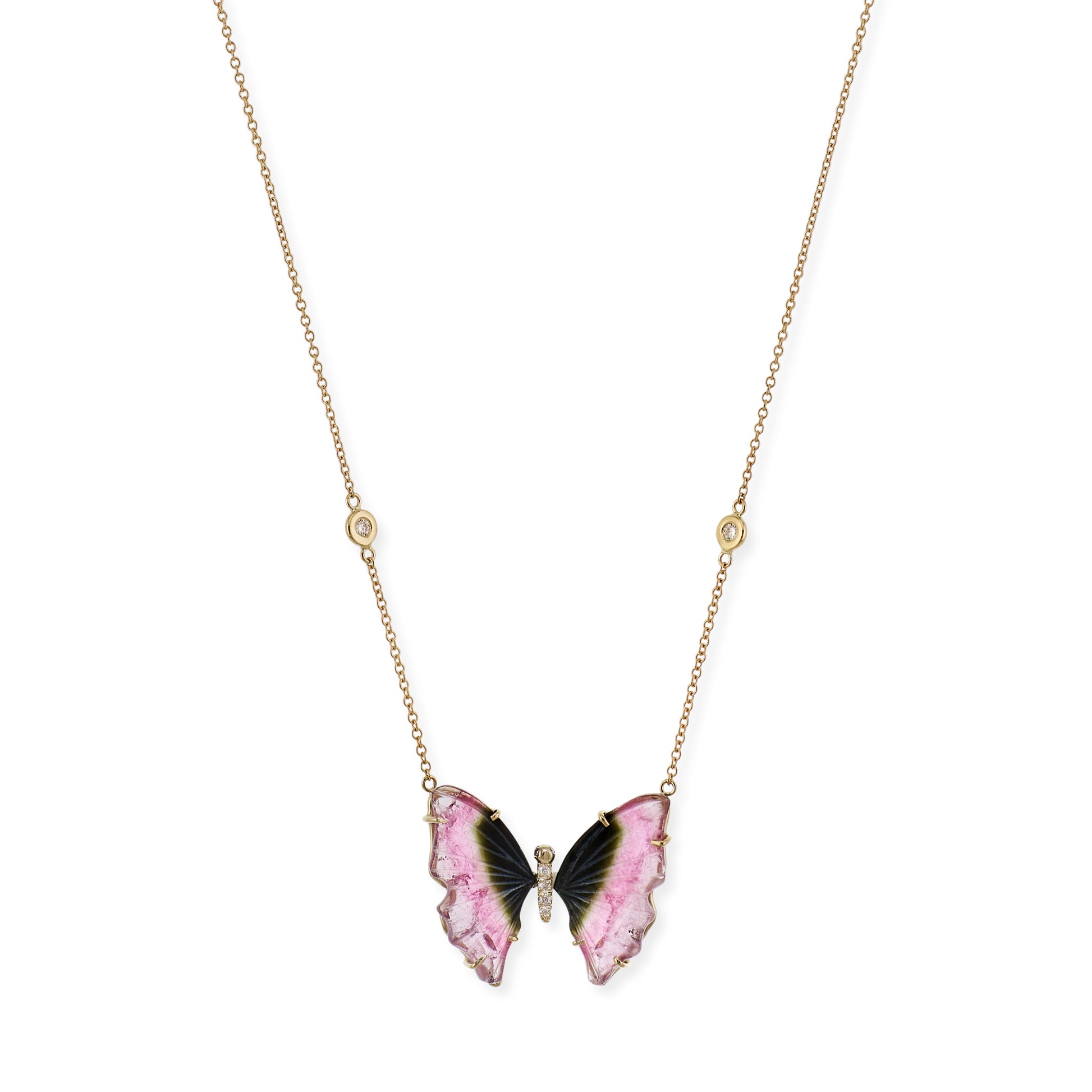 Dark Pink Watermelon Tourmaline Pave Center Butterfly Necklace