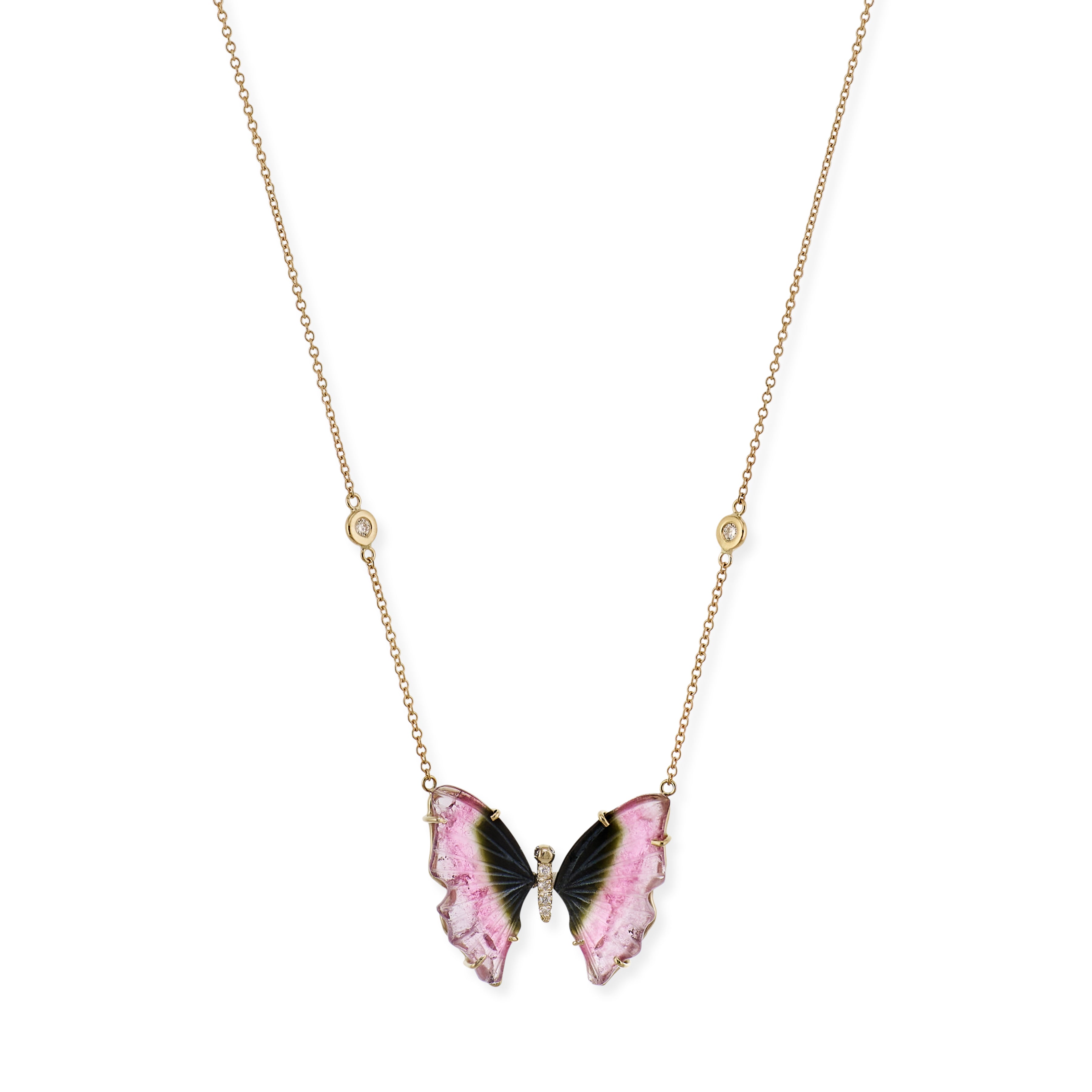 Dark Pink Watermelon Tourmaline Pave Center Butterfly Necklace