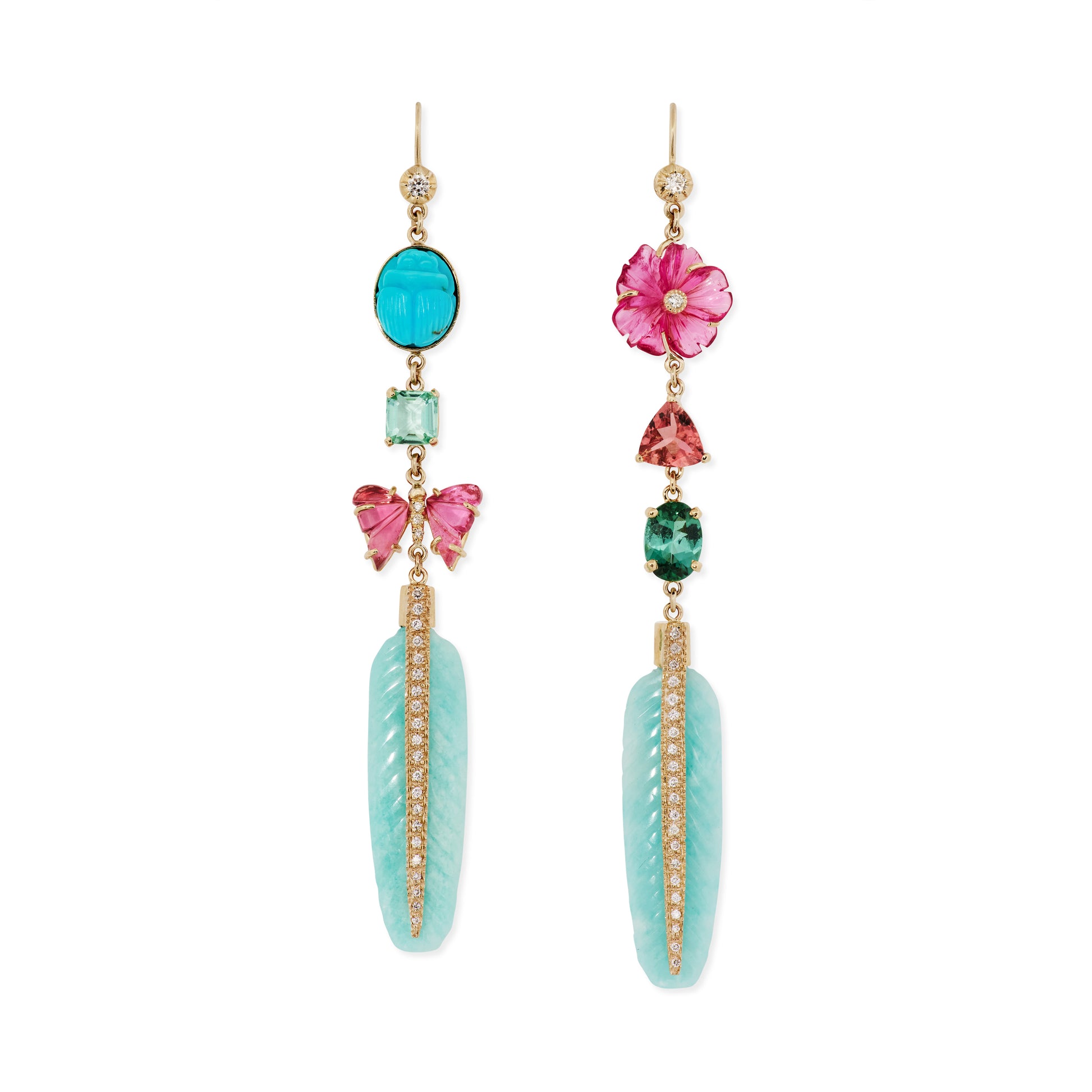 Tourmaline Butterfly and Flower Amazonite Feather Earrings