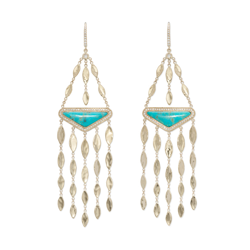 Pave Turquoise Trillion + Hammered Marquise Chandelier Earrings