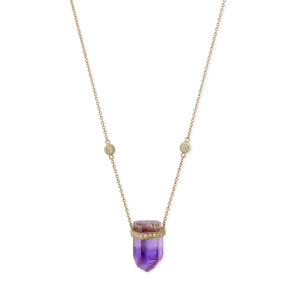 1 Row Pave Diamond Cap Amethyst Crystal Necklace
