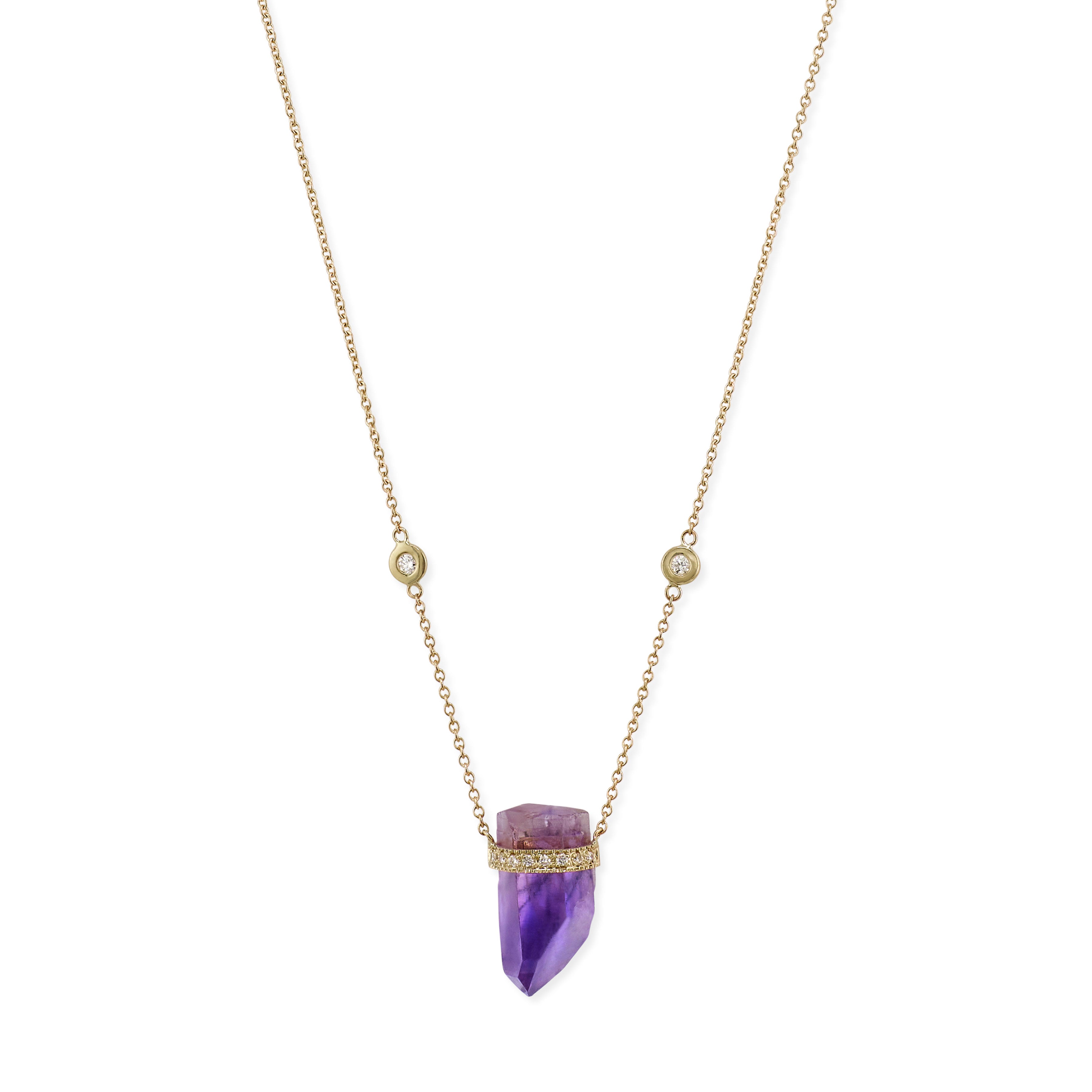 1 Row Pave Diamond Cap Amethyst Crystal Necklace
