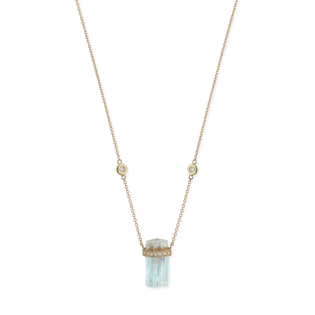 1 Row Pave Diamond Cap Aquamarine Crystal Necklace