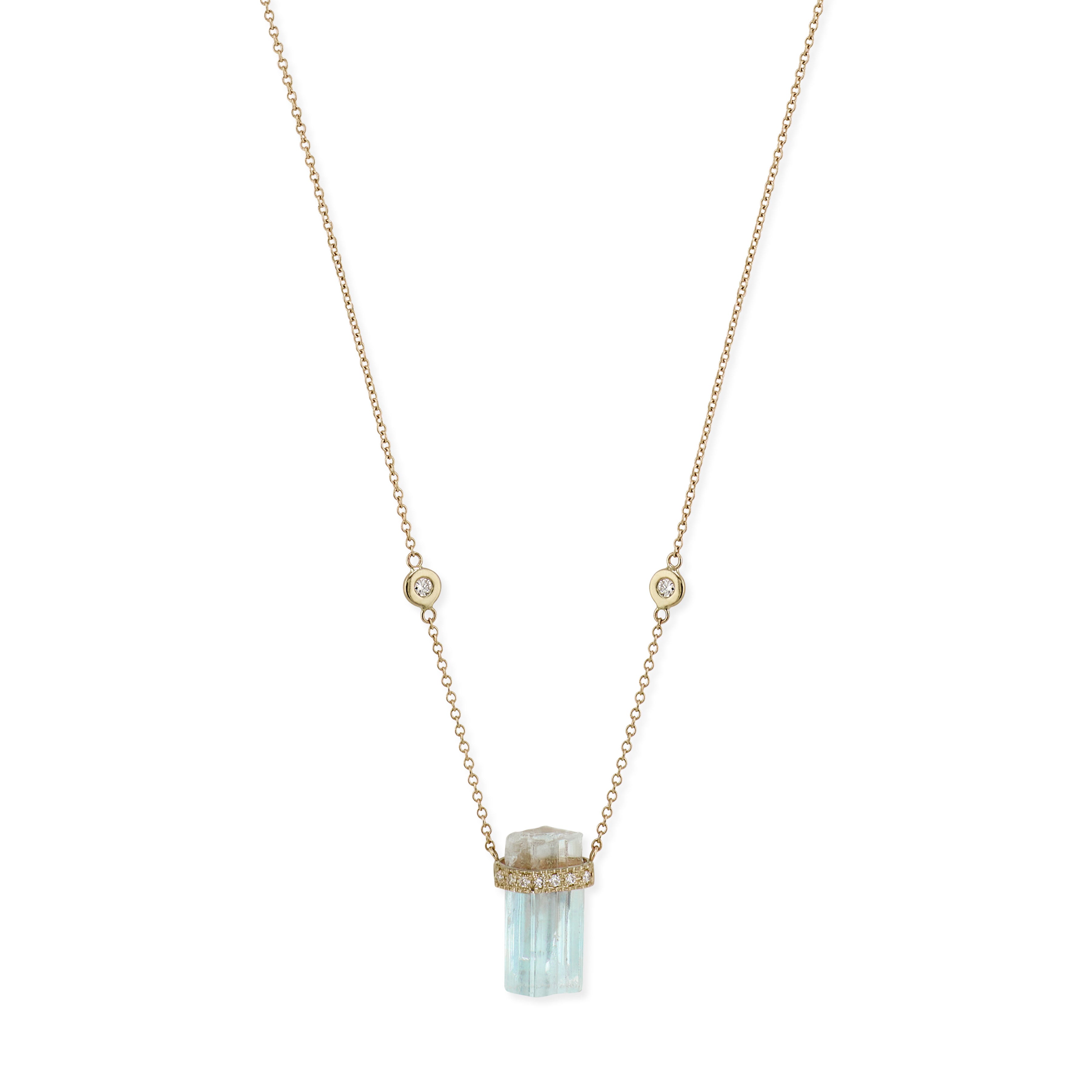1 Row Pave Diamond Cap Aquamarine Crystal Necklace