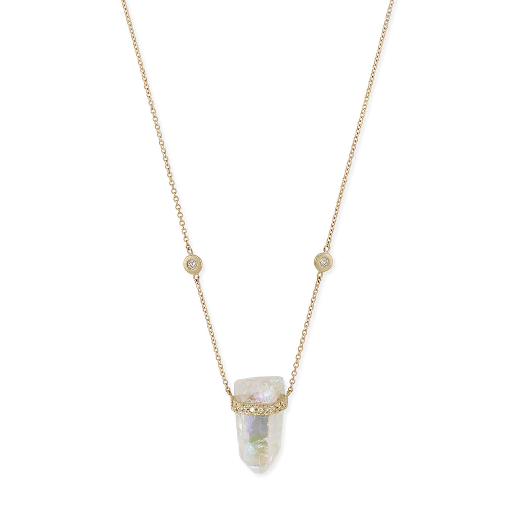 1 Row Pave Diamond Cap Aura Quartz Crystal Necklace